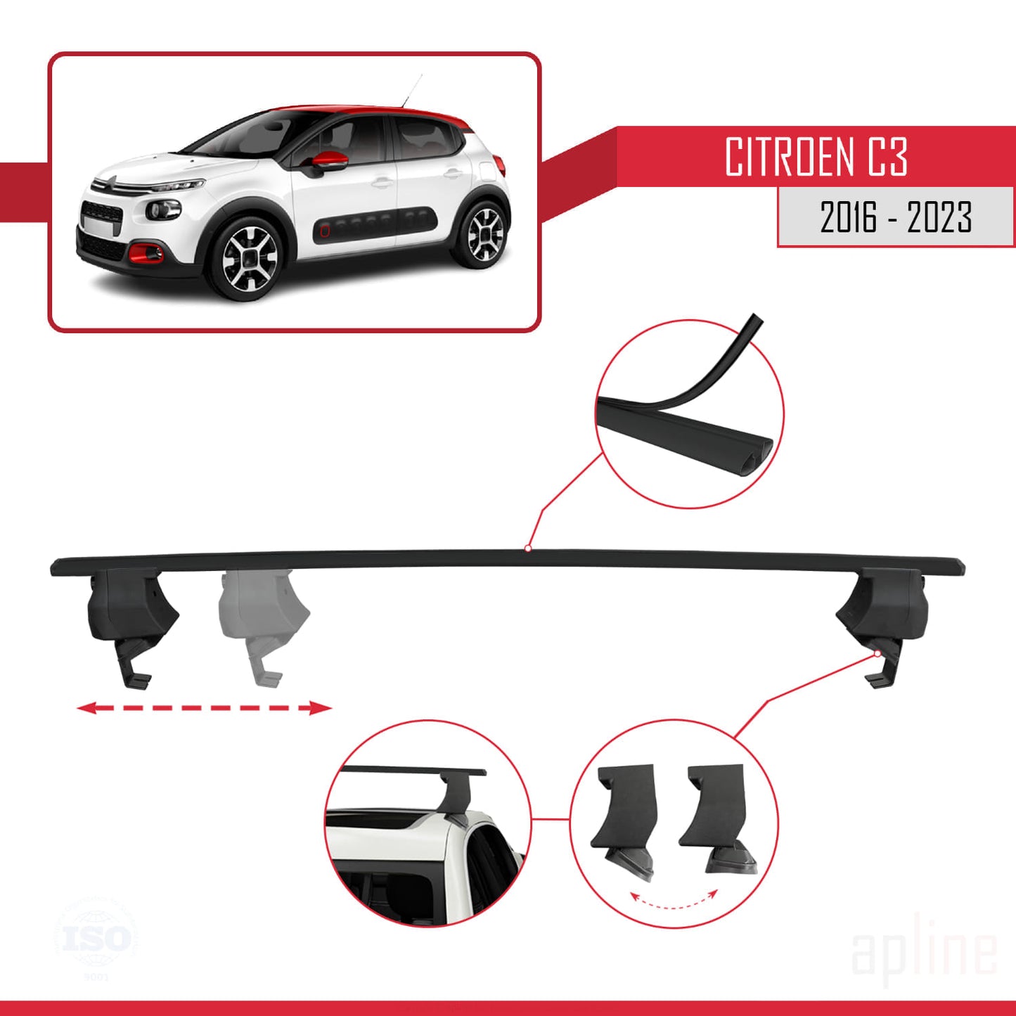 Compatible with Citroen C3 III (SX/SY) 2016-2023 ACE-4 Car Roof Rack Cross Bar Black Aluminium 2 Bars
