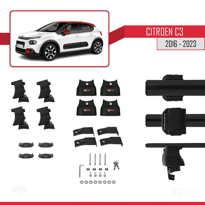 Compatible with Citroen C3 III (SX/SY) 2016-2023 ACE-4 Car Roof Rack Cross Bar Black Aluminium 2 Bars