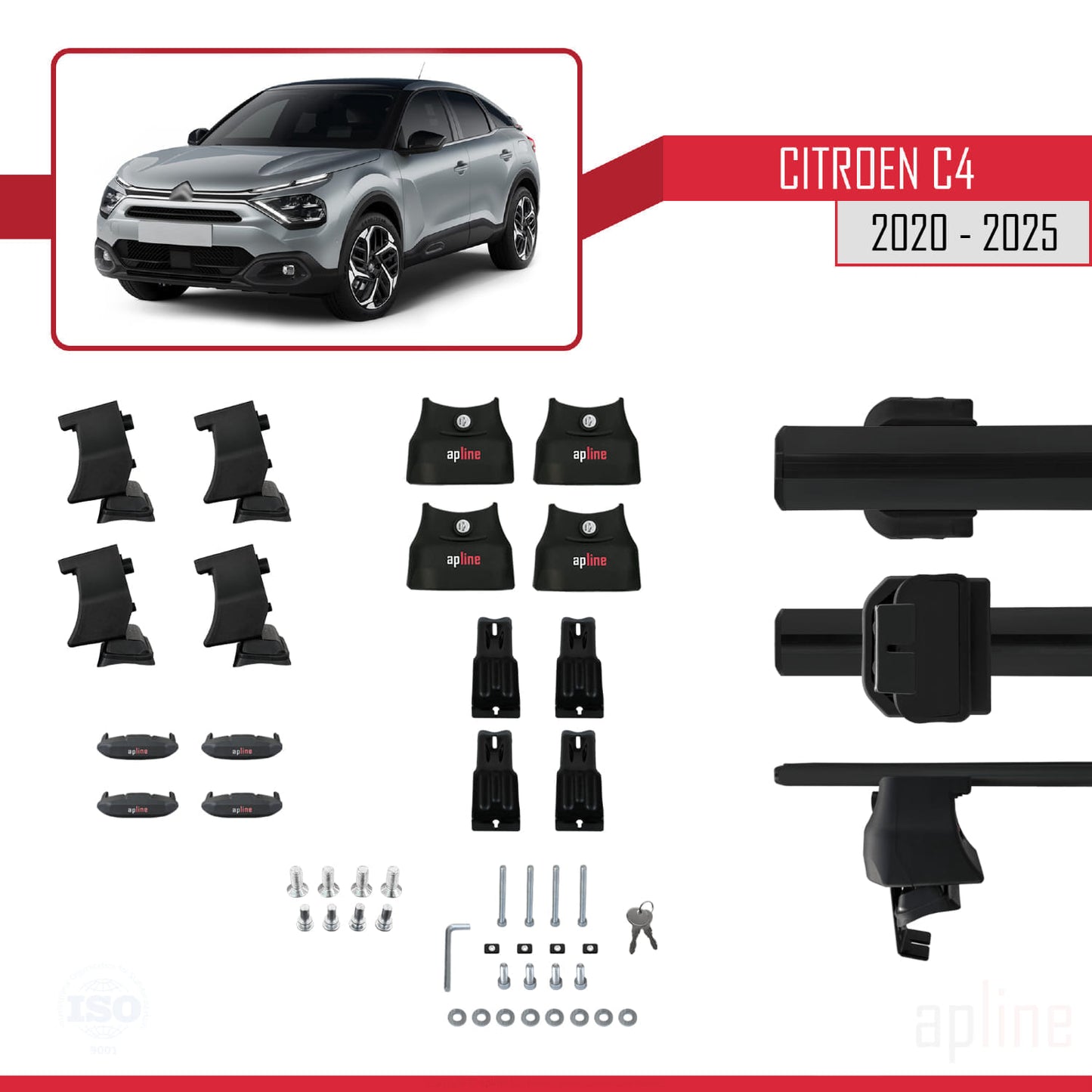Compatible with Citroen C4 III (C41) 2020-2025 ACE-4 Car Roof Rack Cross Bar Black Aluminium 2 Bars