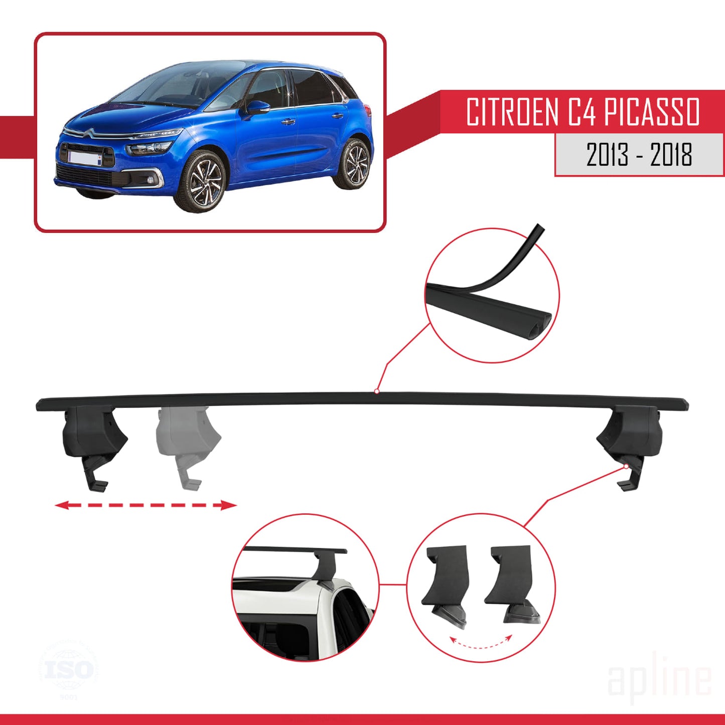 Compatible with Citroen C4 Picasso 2 2013-2018 ACE-4 Car Roof Rack Cross Bar Black Aluminium 2 Bars
