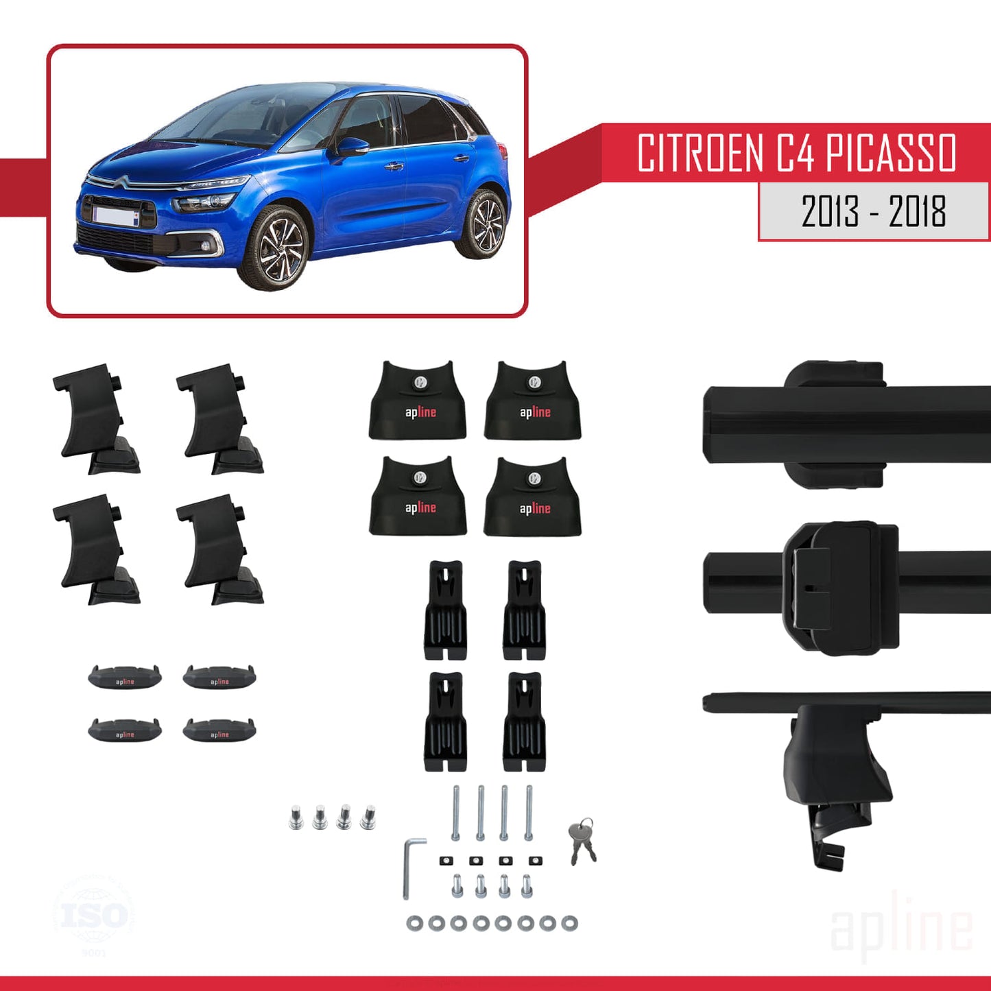 Compatible with Citroen C4 Picasso 2 2013-2018 ACE-4 Car Roof Rack Cross Bar Black Aluminium 2 Bars