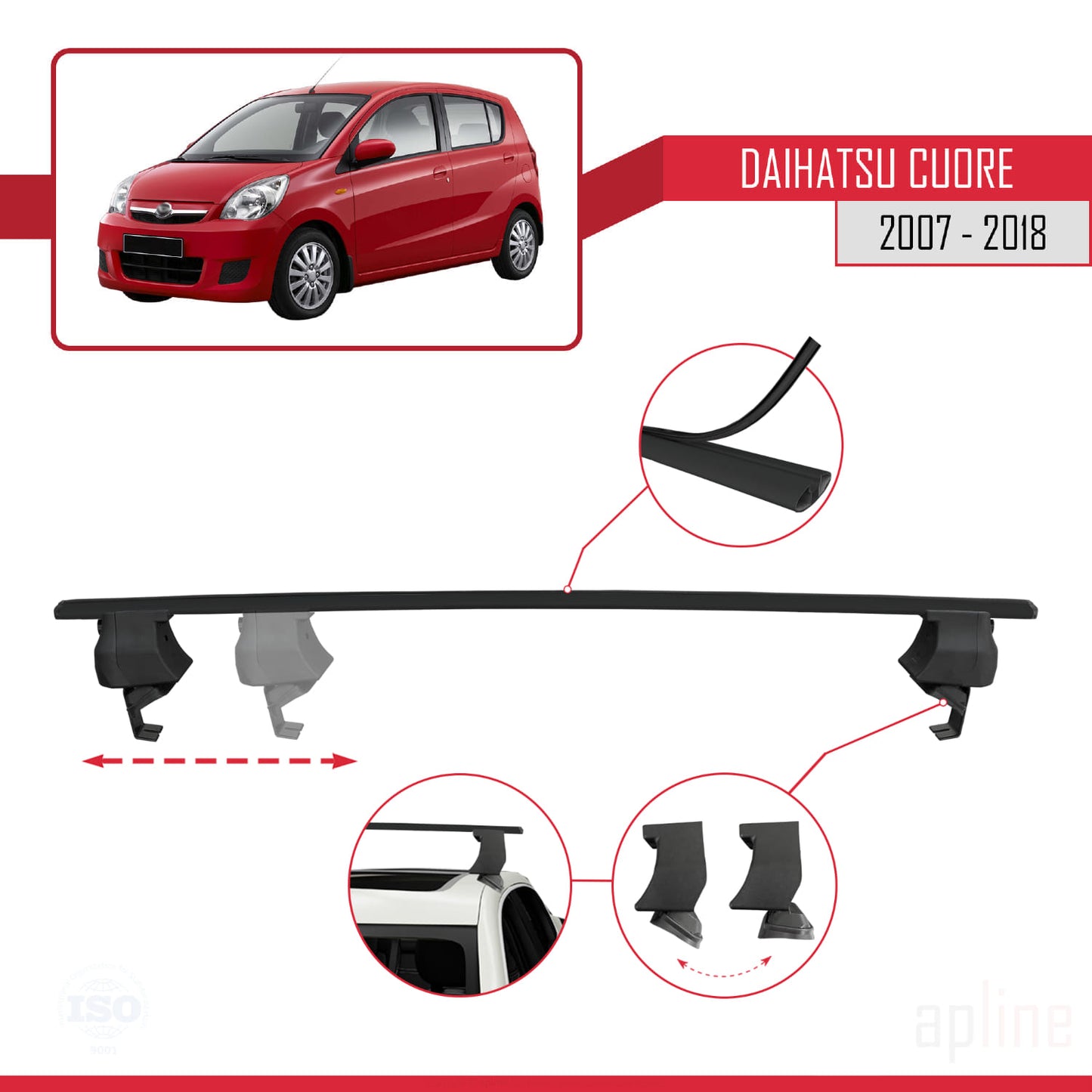 Compatible with Daihatsu Cuore 2007-2018 ACE-4 Car Roof Rack Cross Bar Black Aluminium 2 Bars