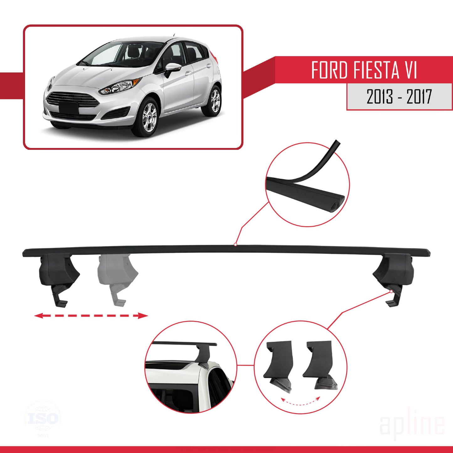 Compatible with Ford Fiesta 6 Post-Facelift 2013-2017 ACE-4 Car Roof Rack Cross Bar Black Aluminium 2 Bars