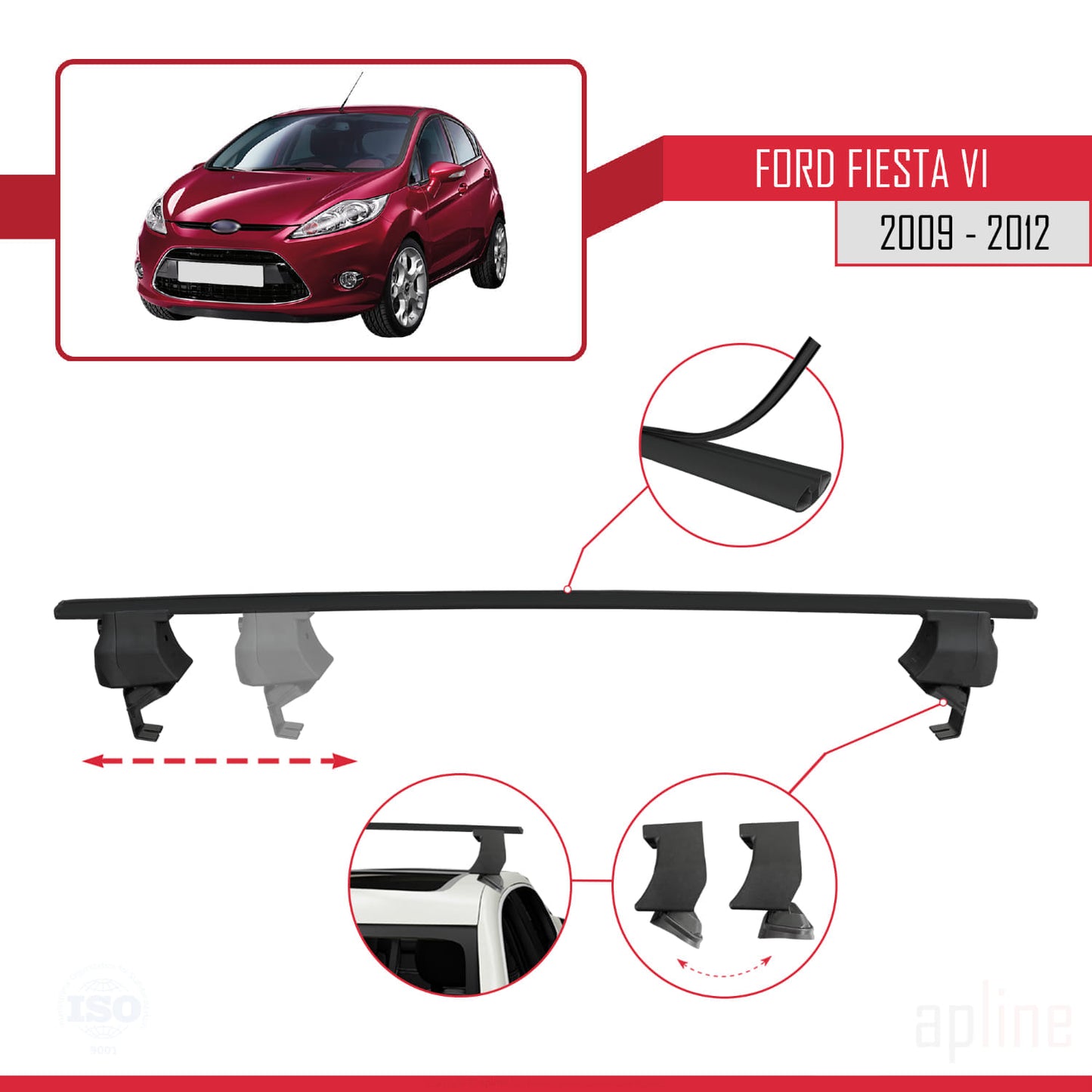 Compatible with Ford Fiesta 6 Pre-Facelift 2009-2012 ACE-4 Car Roof Rack Cross Bar Black Aluminium 2 Bars
