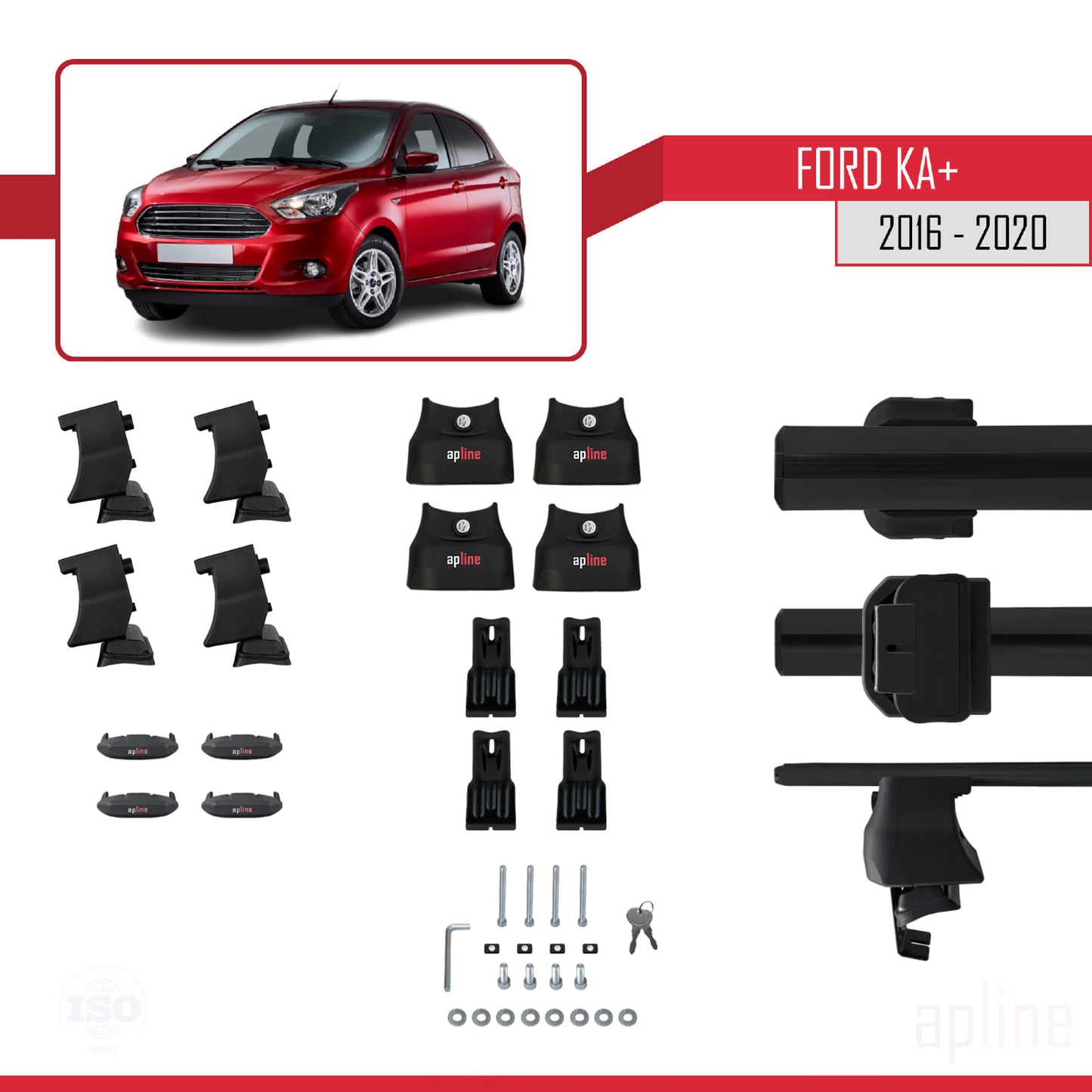 Compatible with Ford Ka+ 2016-2020 ACE-4 Car Roof Rack Cross Bar Black Aluminium 2 Bars