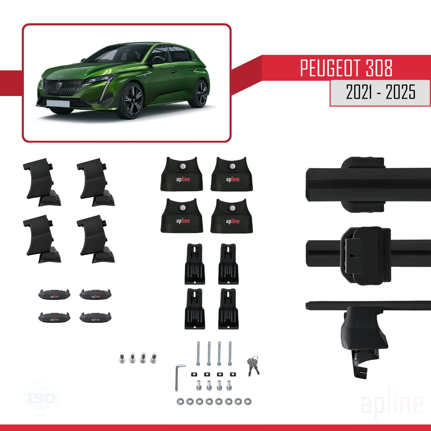 Compatible with Peugeot 308 III (P5) 2021-2025 ACE-4 Car Roof Rack Cross Bar Black Aluminium 2 Bars