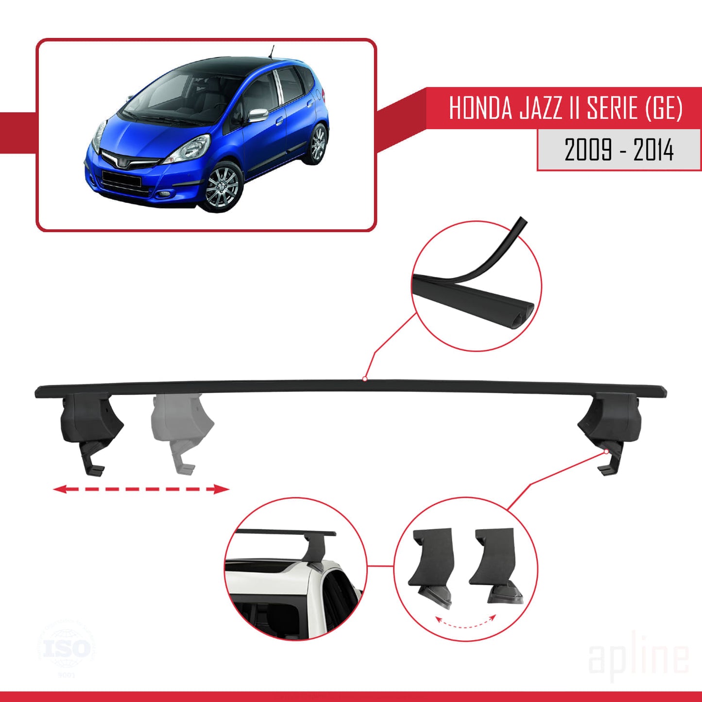 Compatible with Honda Jazz 2 (GE) 2009-2014 ACE-4 Car Roof Rack Cross Bar Black Aluminium 2 Bars