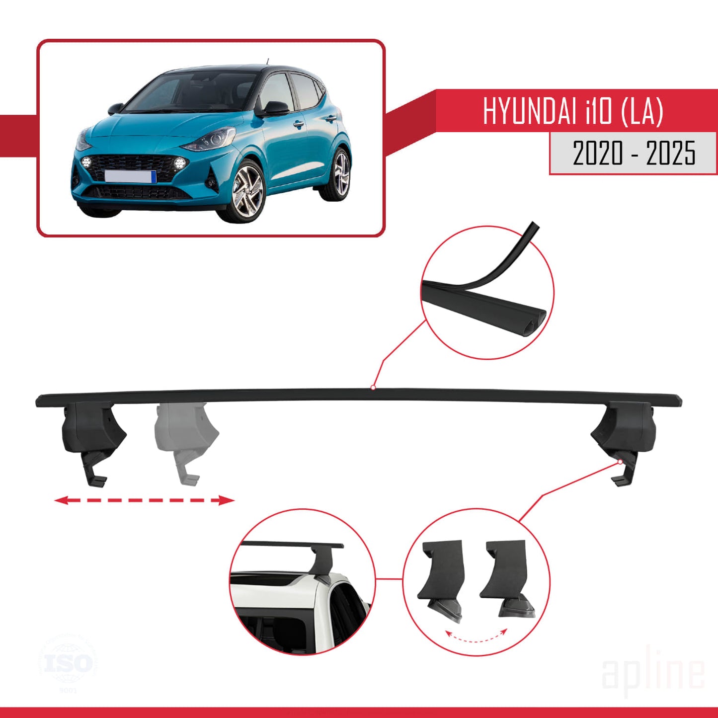 Compatible with Hyundai i10 III (AC3) 2020-2025 ACE-4 Car Roof Rack Cross Bar Black Aluminium 2 Bars