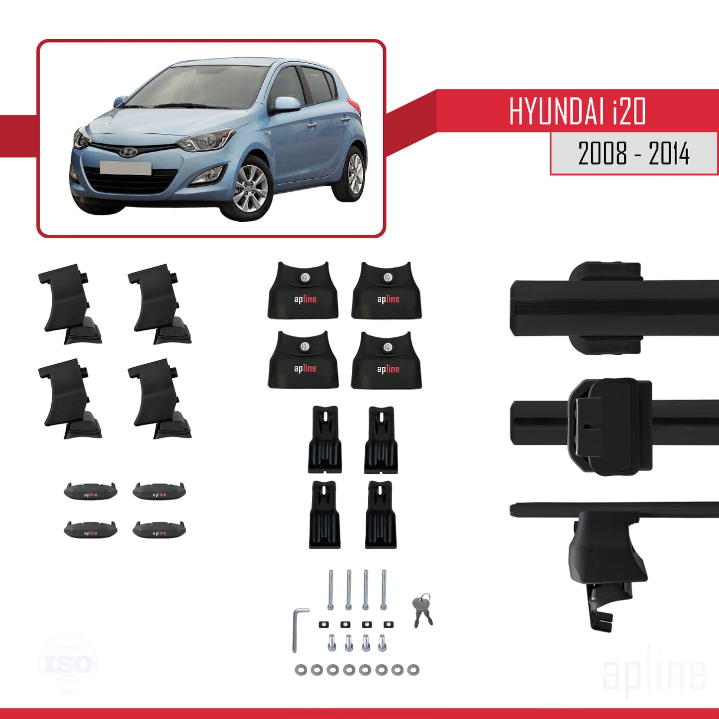 Compatible with Hyundai i20 (PB) 2008-2014 ACE-4 Car Roof Rack Cross Bar Black Aluminium 2 Bars