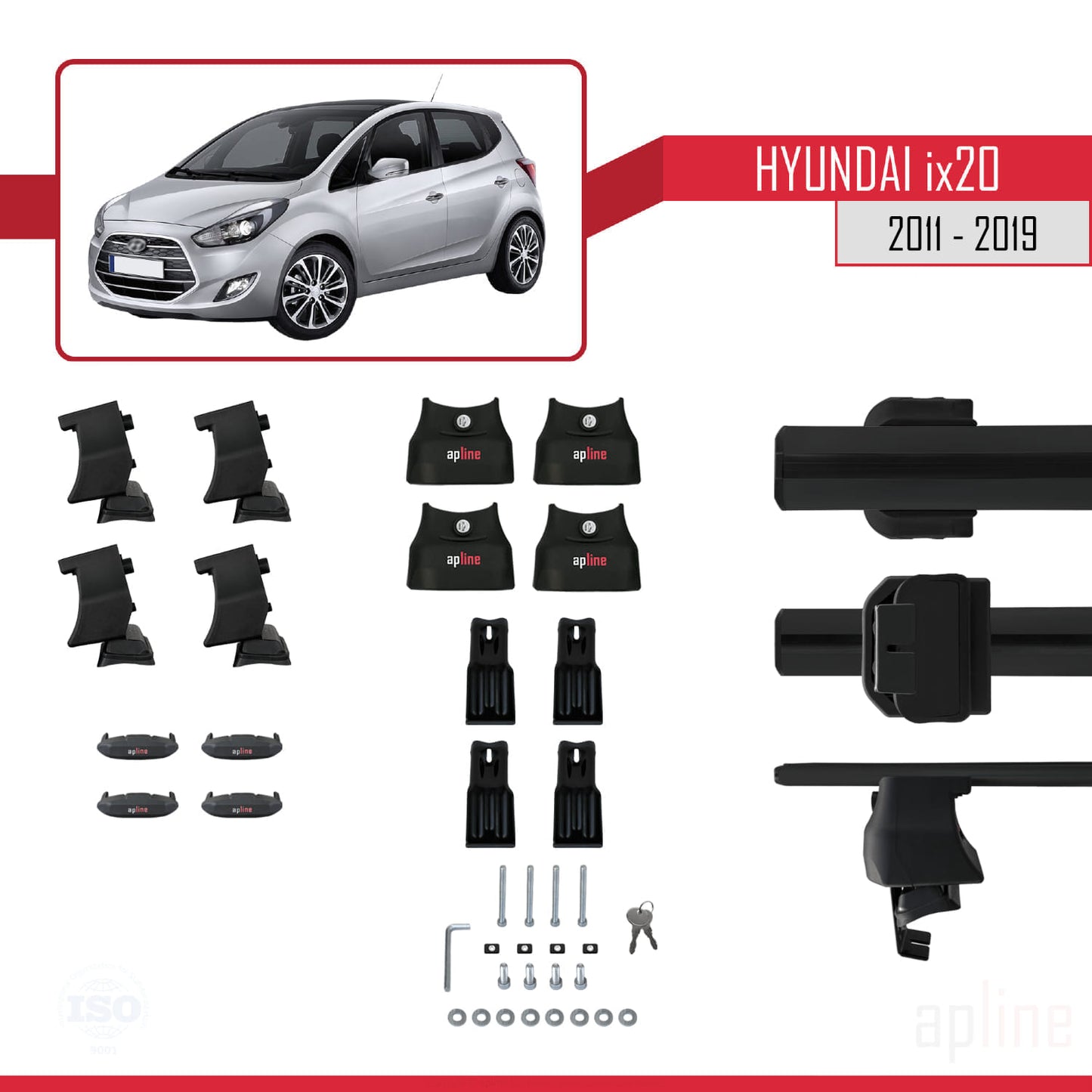 Compatible with Hyundai ix20 (JC) 2011-2019 ACE-4 Car Roof Rack Cross Bar Black Aluminium 2 Bars