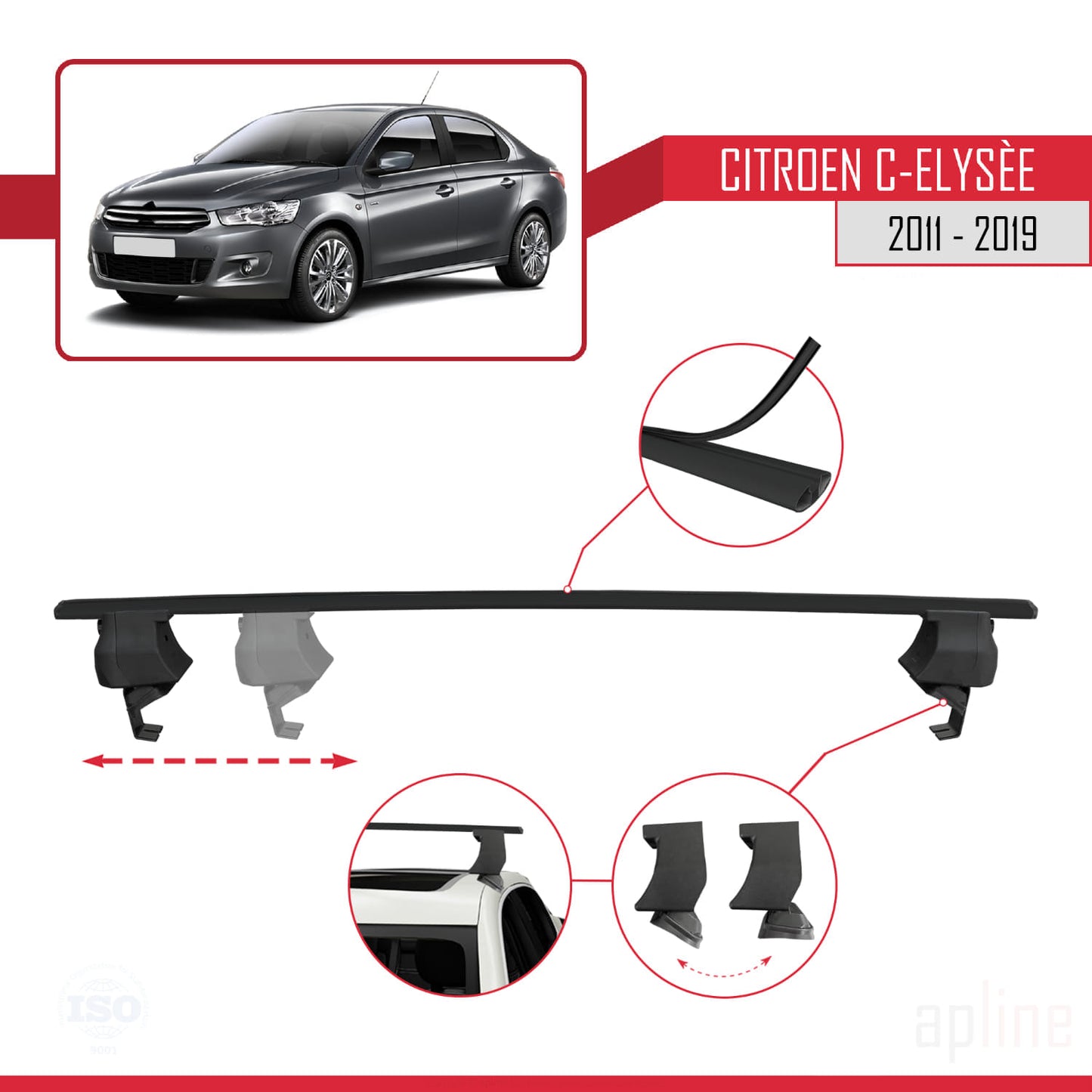 Compatible with Citroen C-Elysee 2011-2019 ACE-4 Car Roof Rack Cross Bar Black Aluminium 2 Bars