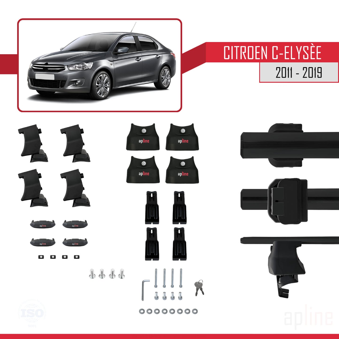 Compatible with Citroen C-Elysee 2011-2019 ACE-4 Car Roof Rack Cross Bar Black Aluminium 2 Bars