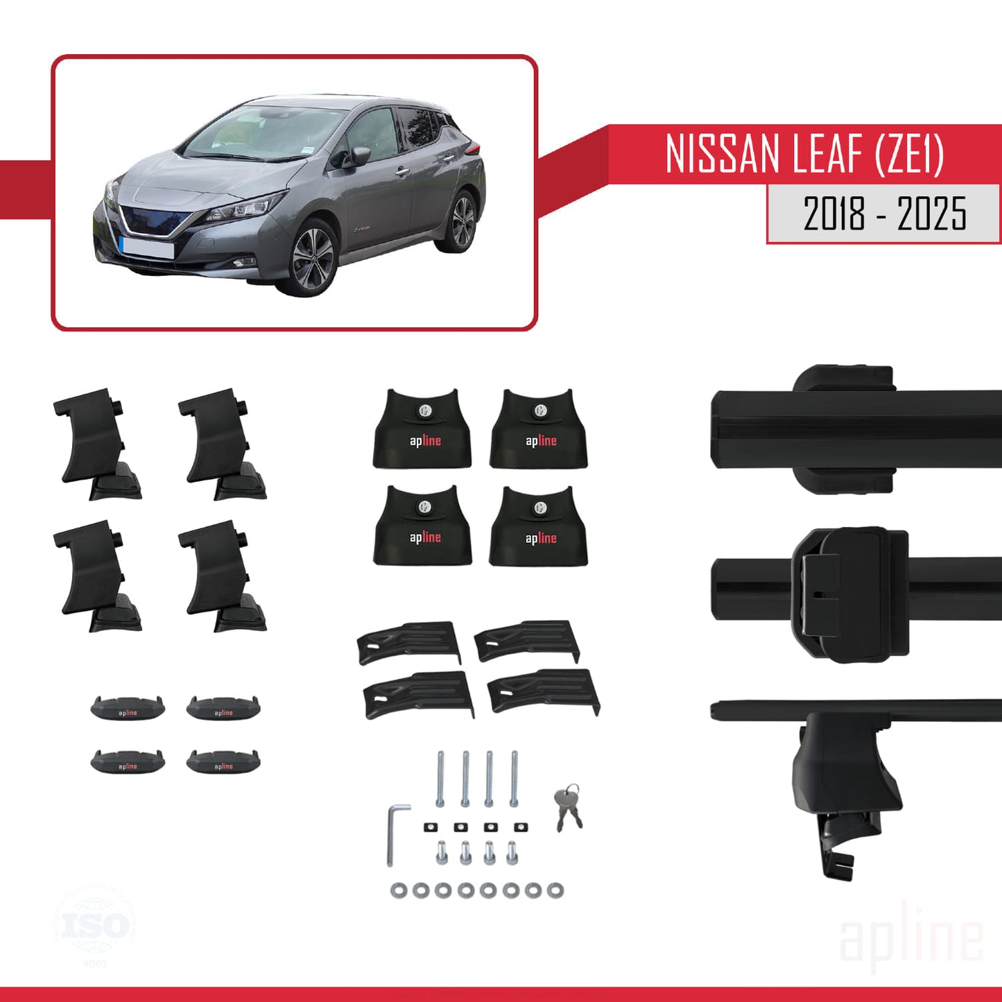 Compatible with Nissan Leaf 2 (ZE1) 2018-2025 ACE-4 Car Roof Rack Cross Bar Black Aluminium 2 Bars