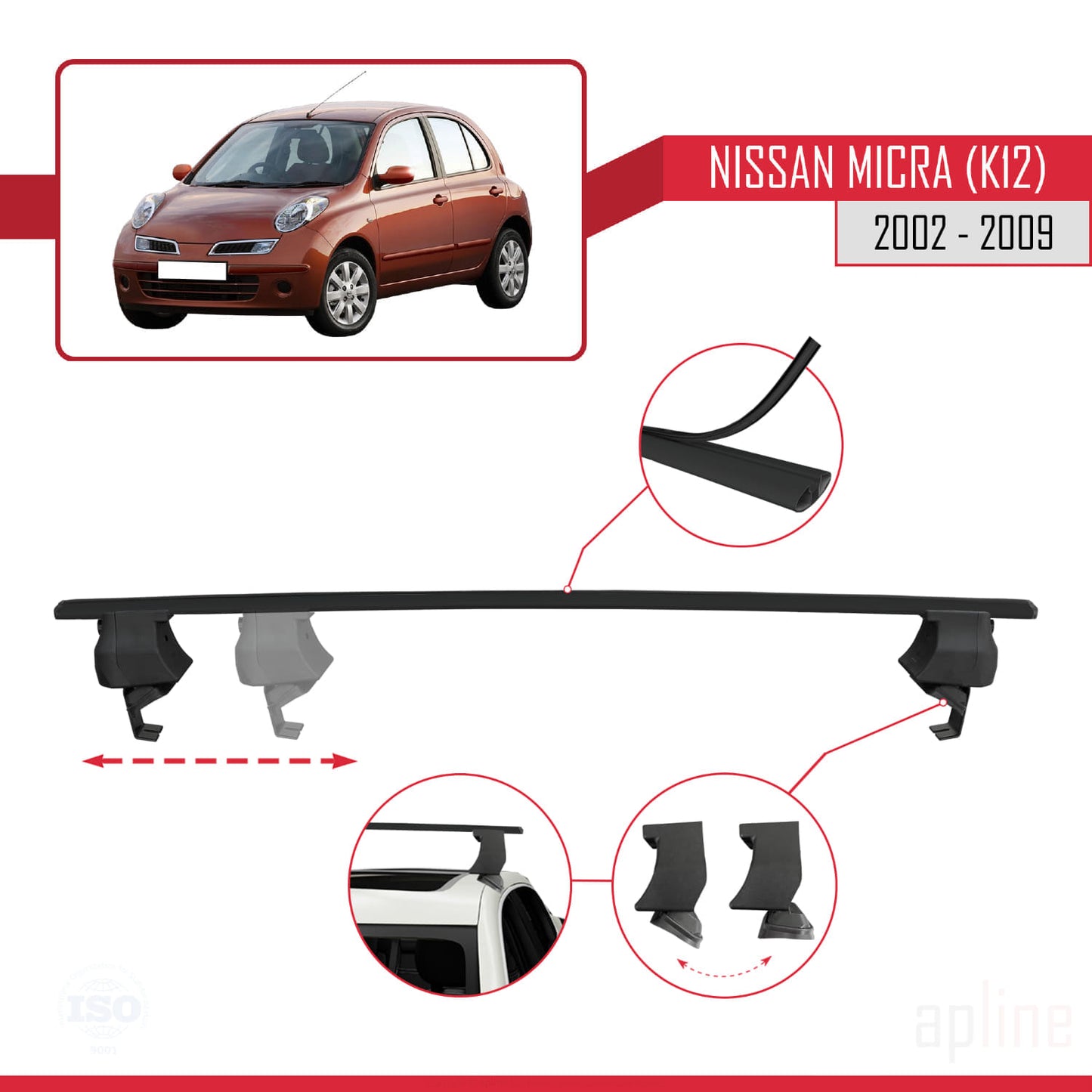 Compatible with Nissan Micra 3 (K12) 2002-2009 ACE-4 Car Roof Rack Cross Bar Black Aluminium 2 Bars