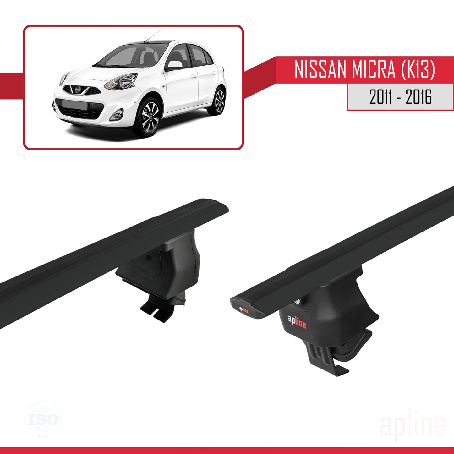 Compatible with Nissan Micra 4 (K14) 2011-2016 ACE-4 Car Roof Rack Cross Bar Black Aluminium 2 Bars