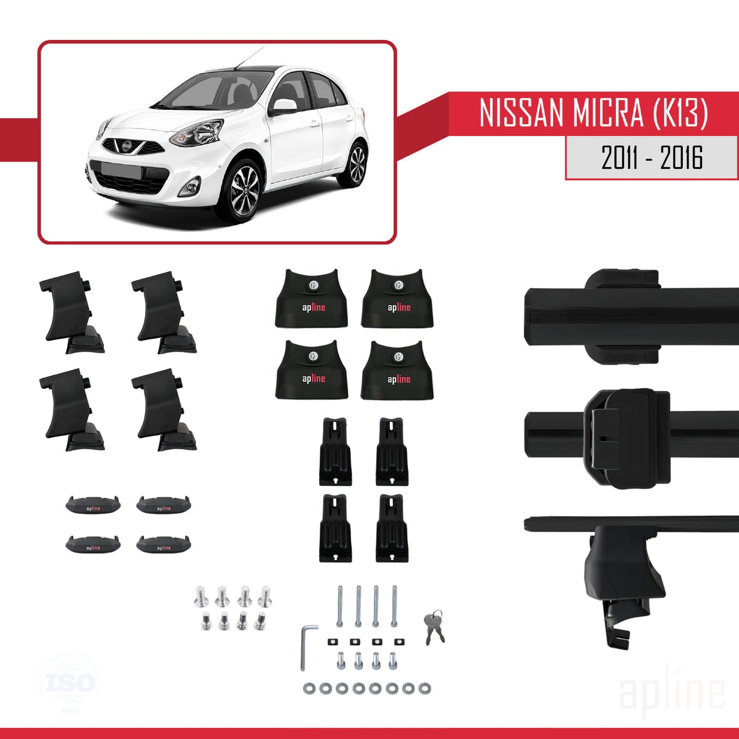 Compatible with Nissan Micra 4 (K14) 2011-2016 ACE-4 Car Roof Rack Cross Bar Black Aluminium 2 Bars