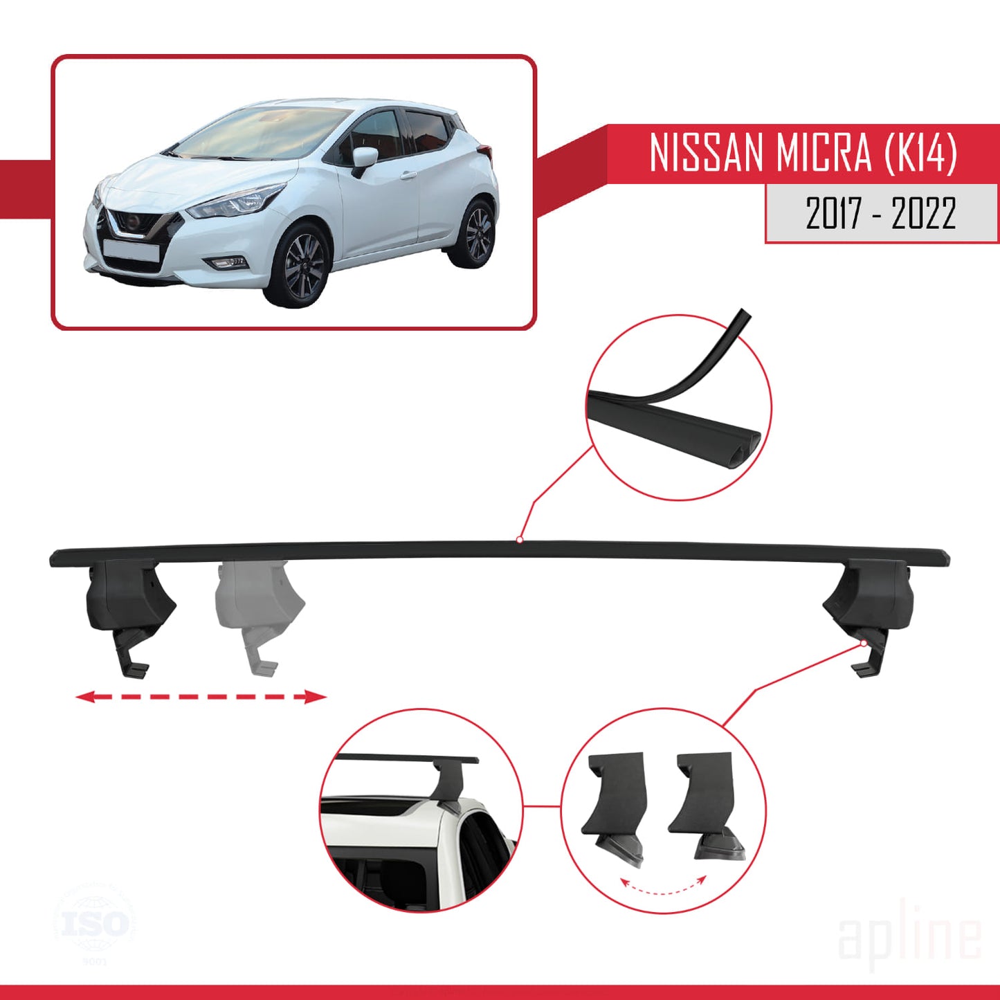 Compatible with Nissan Micra 5 (K14) 2017-2022 ACE-4 Car Roof Rack Cross Bar Black Aluminium 2 Bars
