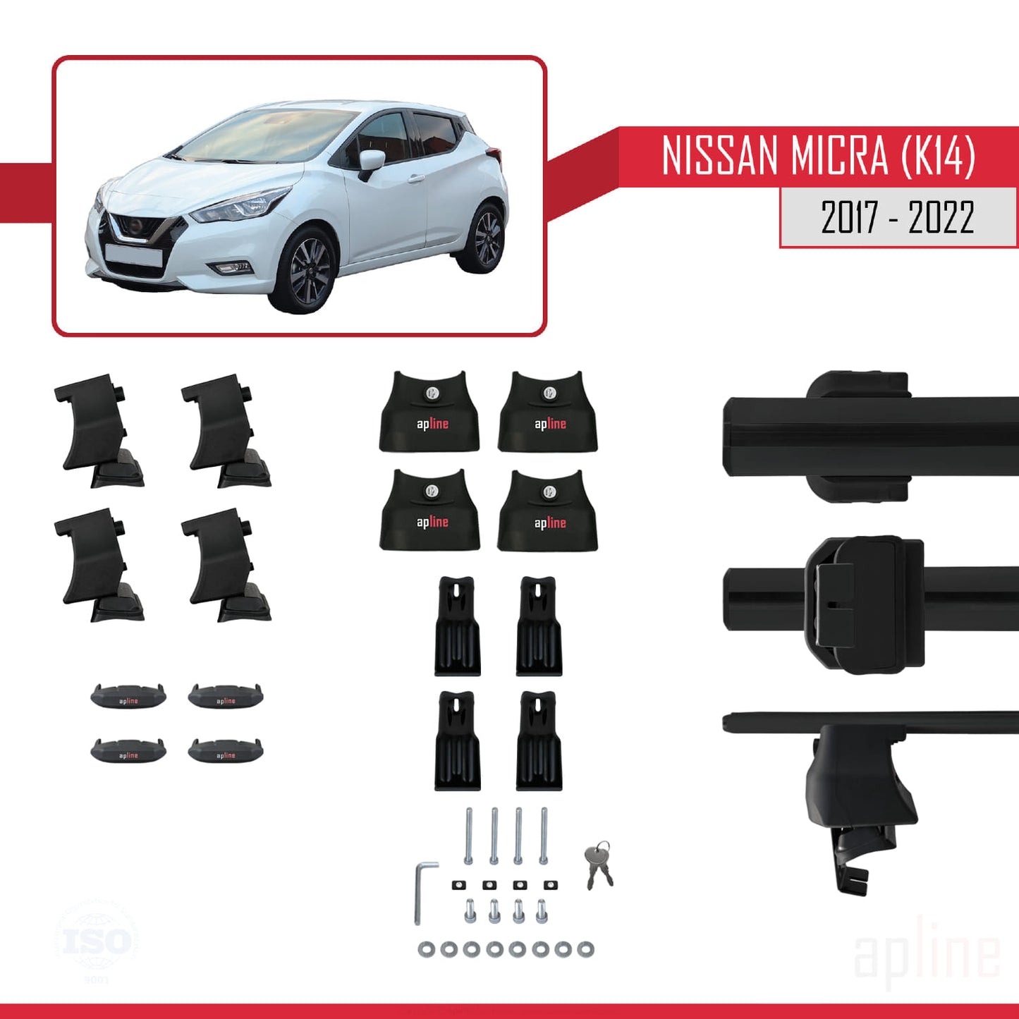 Compatible with Nissan Micra 5 (K14) 2017-2022 ACE-4 Car Roof Rack Cross Bar Black Aluminium 2 Bars
