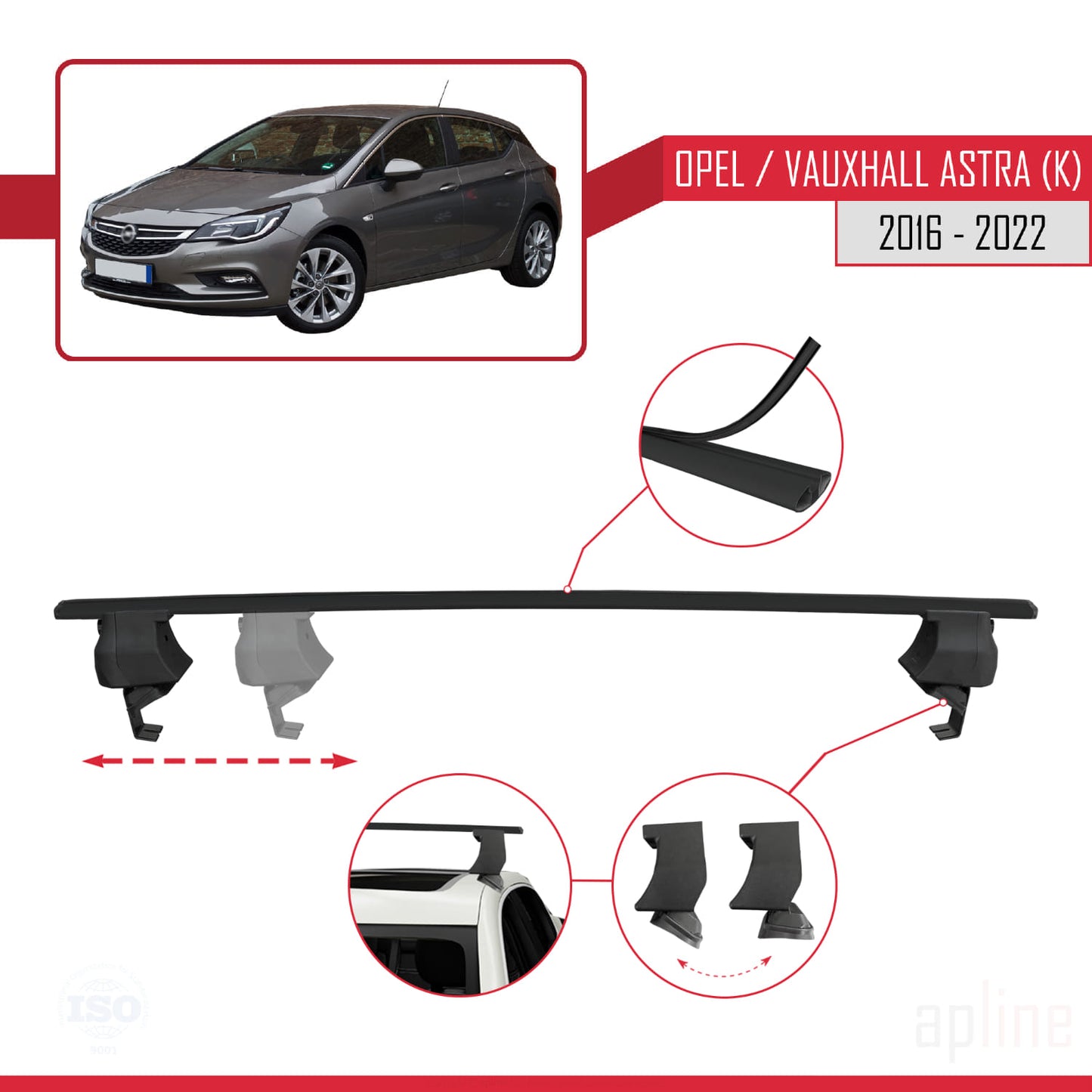 Compatible with Opel/Vauxhall Astra K 2016-2022 ACE-4 Car Roof Rack Cross Bar Black Aluminium 2 Bars