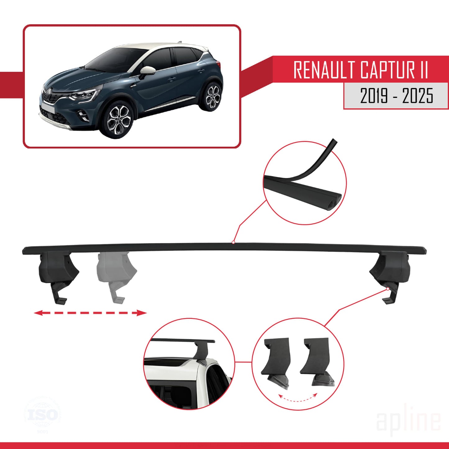 Compatible with Renault Captur 2 2019-2025 ACE-4 Car Roof Rack Cross Bar Black Aluminium 2 Bars