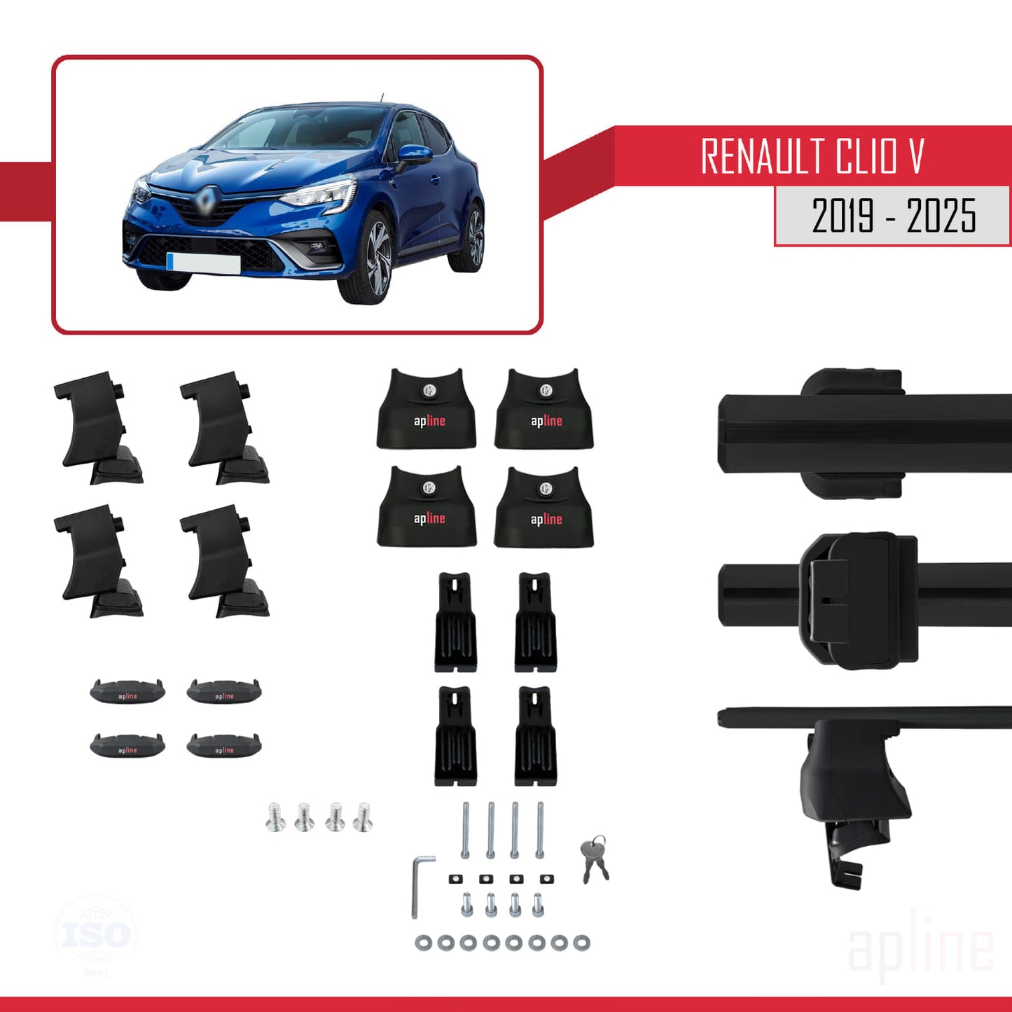 Compatible with Renault Clio 5 2019-2025 ACE-4 Car Roof Rack Cross Bar Black Aluminium 2 Bars