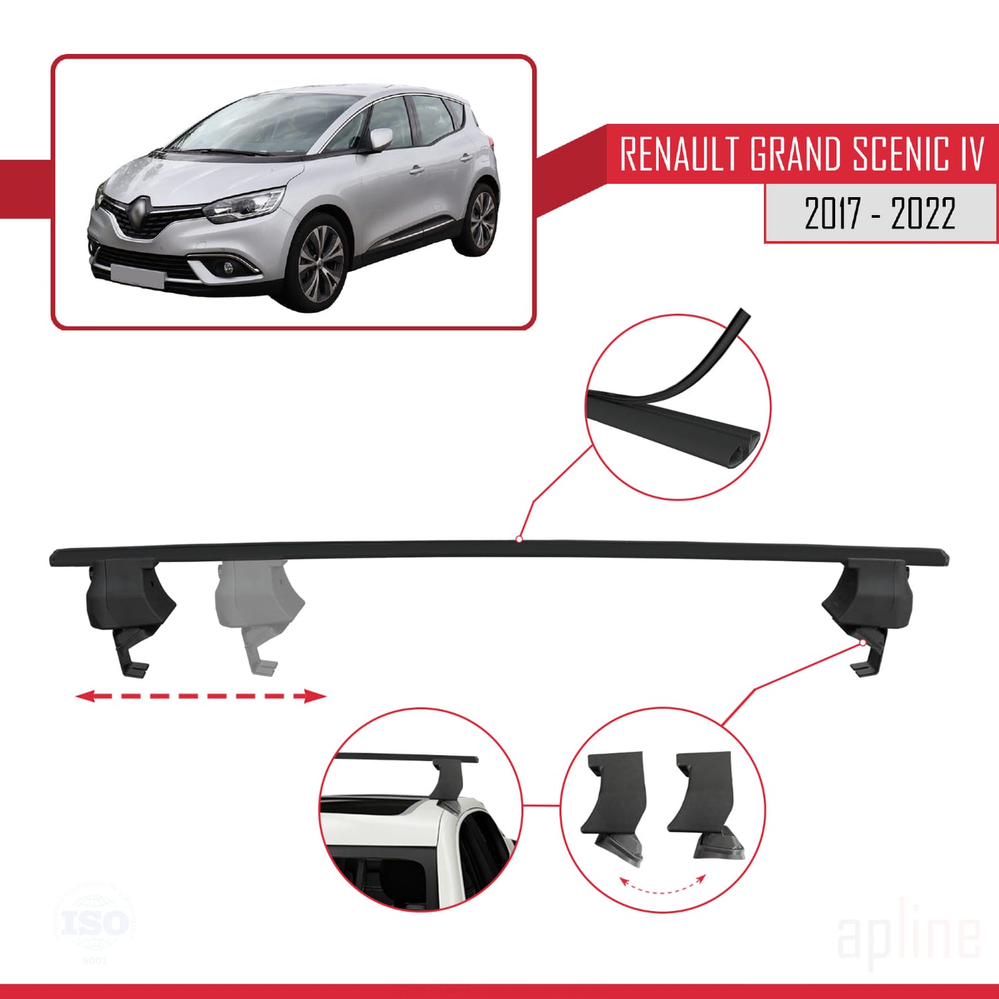 Compatible with Renault Grand Scenic 4 2017-2022 ACE-4 Car Roof Rack Cross Bar Black Aluminium 2 Bars