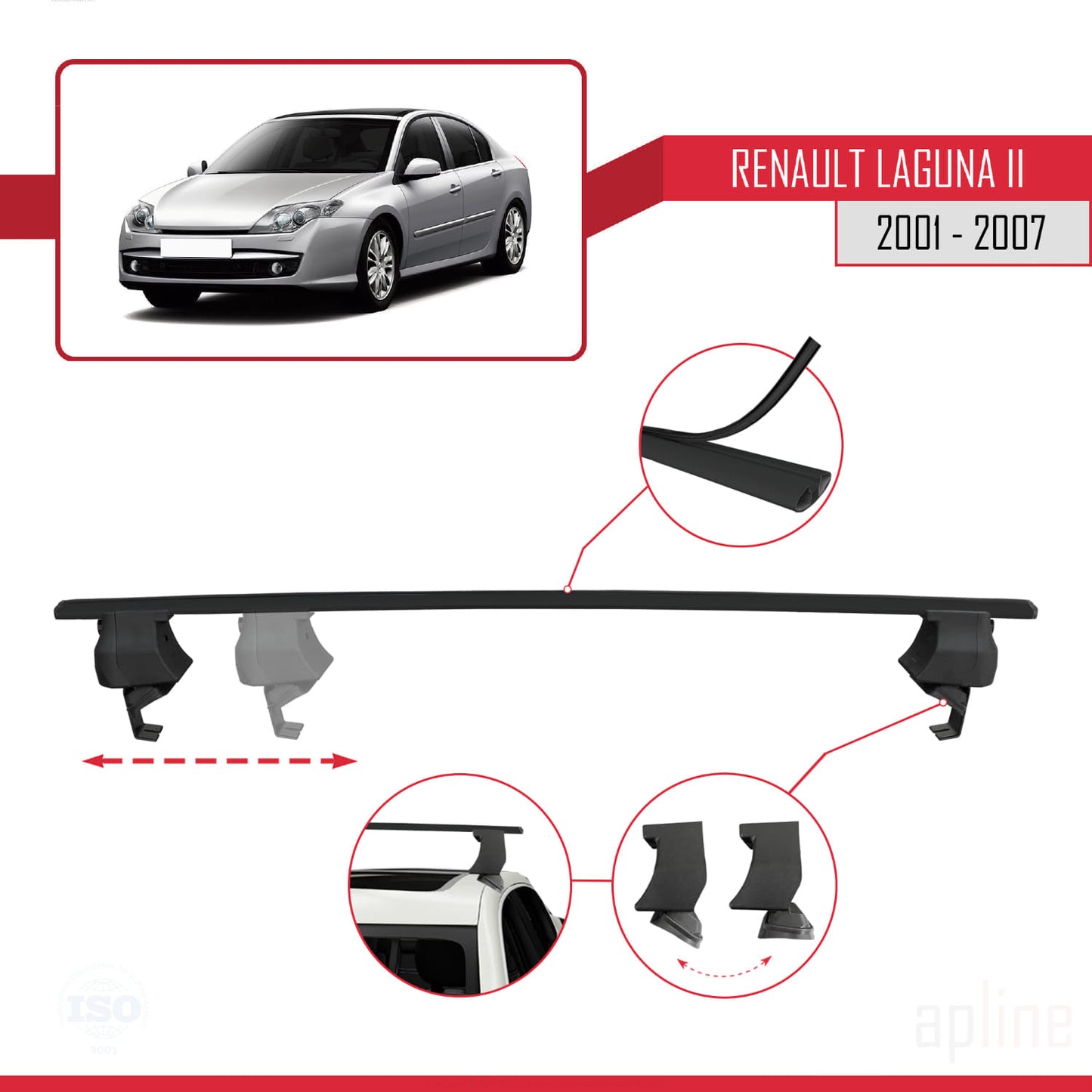 Compatible with Renault Laguna 2 (X74) 2001-2007 ACE-4 Car Roof Rack Cross Bar Black Aluminium 2 Bars