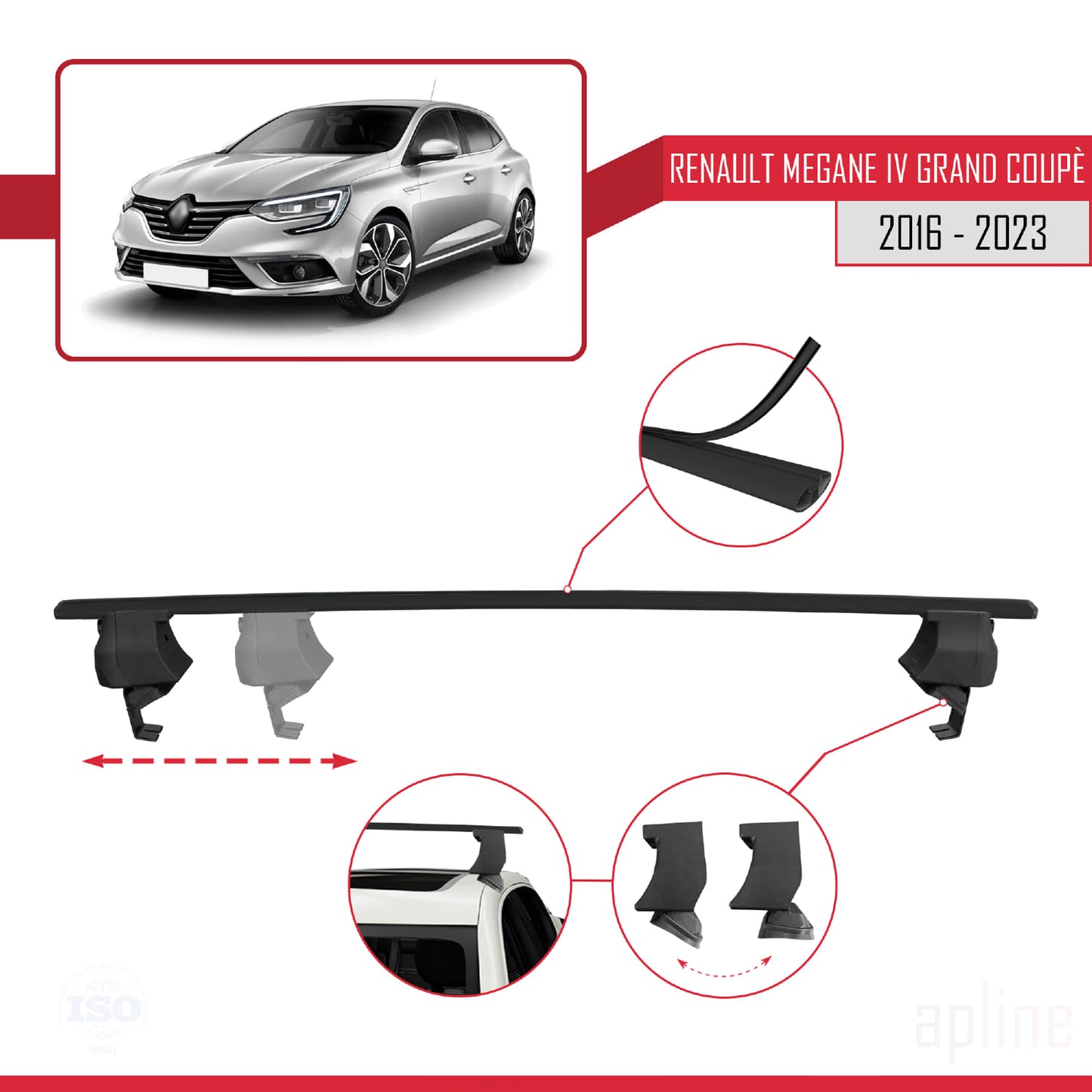 Compatible with Renault Megane 4 (BFB) Grand Coupé 2016-2023 ACE-4 Car Roof Rack Cross Bar Black Aluminium 2 Bars