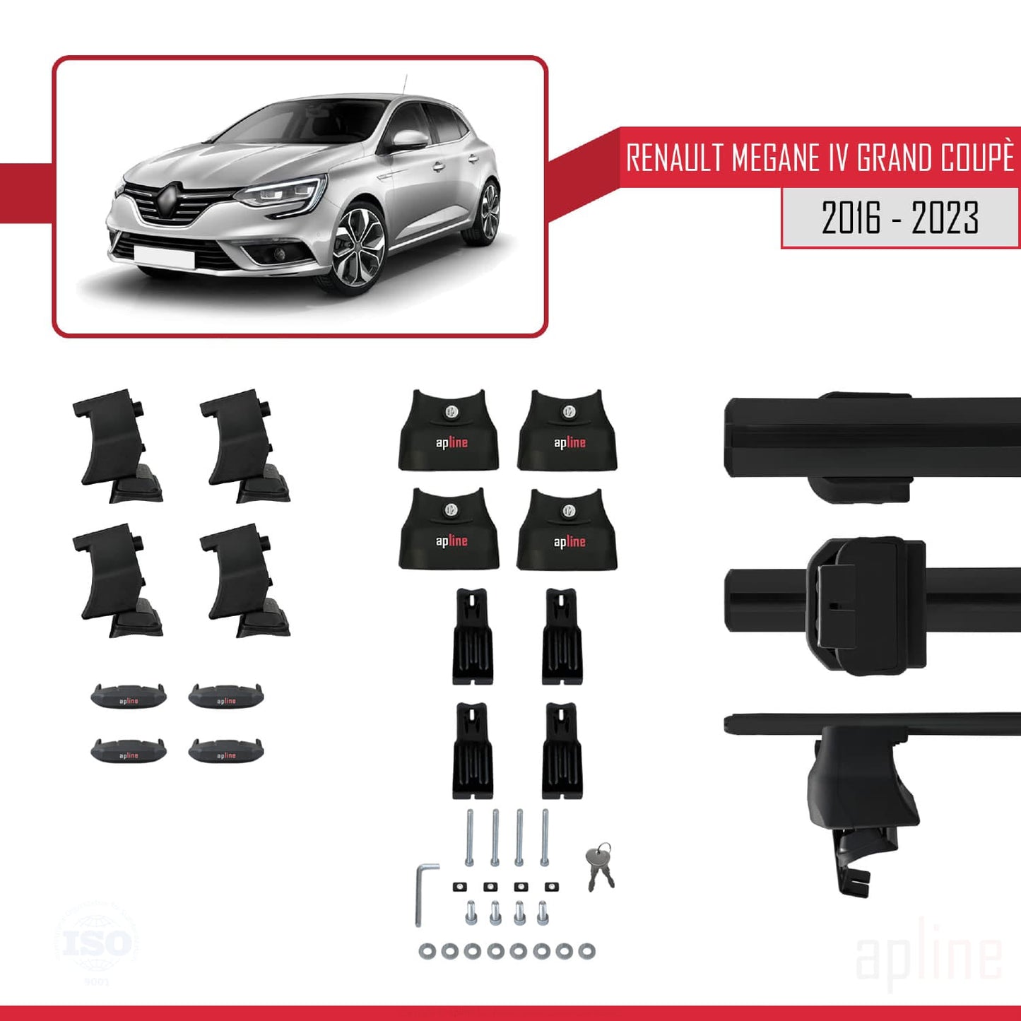 Compatible with Renault Megane 4 (BFB) Grand Coupé 2016-2023 ACE-4 Car Roof Rack Cross Bar Black Aluminium 2 Bars