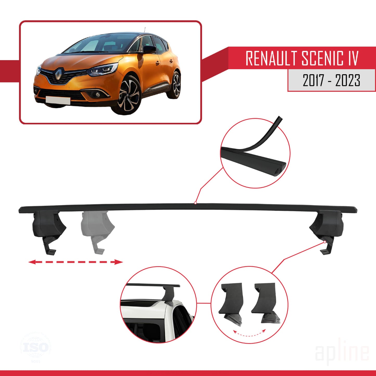 Compatible with Renault Scenic 4 2017-2023 ACE-4 Car Roof Rack Cross Bar Black Aluminium 2 Bars