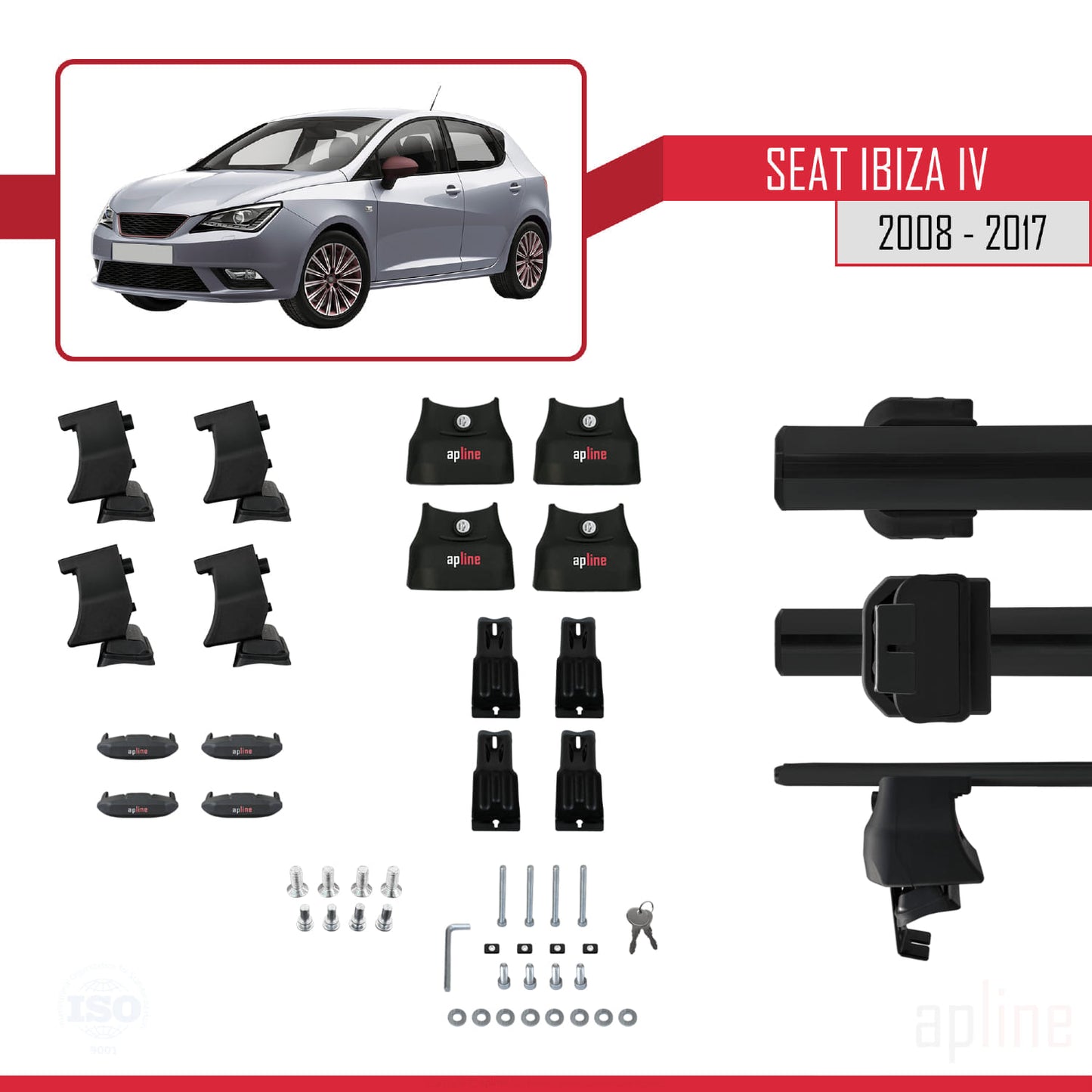 Compatible with Seat Ibiza 4 (6J) 2008-2017 ACE-4 Car Roof Rack Cross Bar Black Aluminium 2 Bars