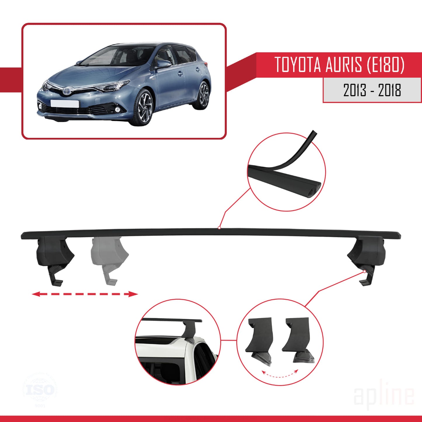 Compatible with Toyota Auris 2 (E180) 2013-2018 ACE-4 Car Roof Rack Cross Bar Black Aluminium 2 Bars