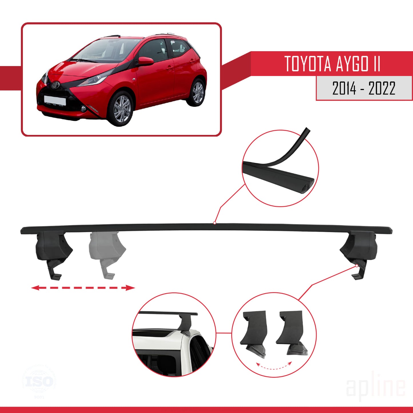 Compatible with Toyota Aygo 2 2014-2022 ACE-4 Car Roof Rack Cross Bar Black Aluminium 2 Bars