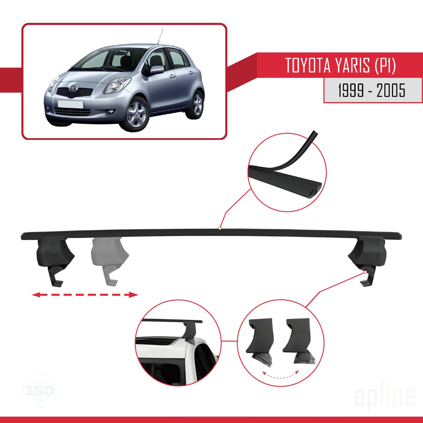 Compatible with Toyota Yaris (XP10) 1999-2005 ACE-4 Car Roof Rack Cross Bar Black Aluminium 2 Bars