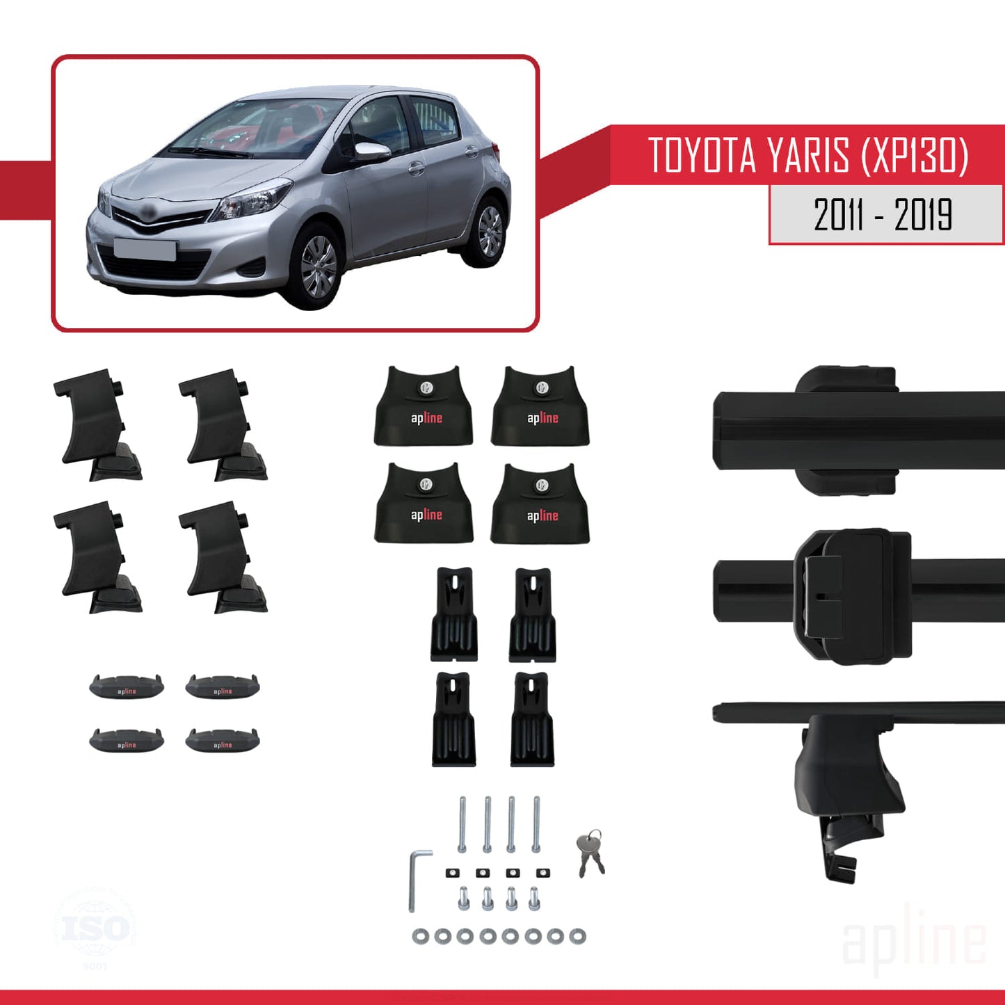 Compatible with Toyota Yaris 3 (XP130) 2011-2019 ACE-4 Car Roof Rack Cross Bar Black Aluminium 2 Bars