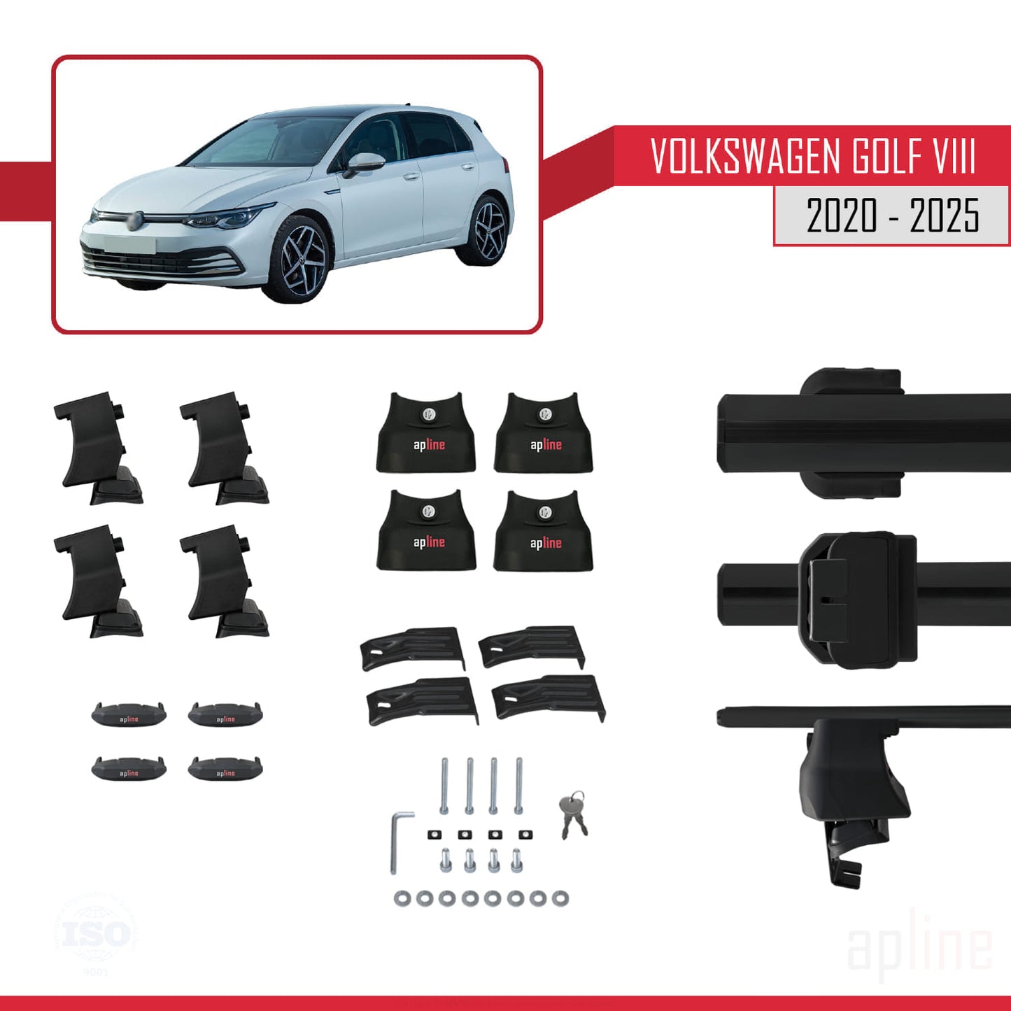 Compatible with Volkswagen Golf 8 (CD1) 2020-2025 ACE-4 Car Roof Rack Cross Bar Black Aluminium 2 Bars