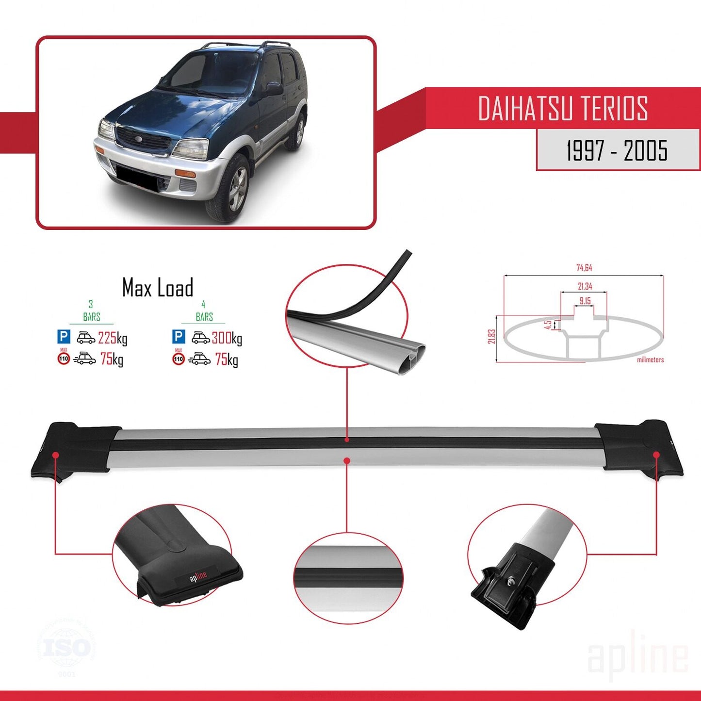 Compatible with Daihatsu Terios (J100) 1997-2005 FLY Model Car Roof Rack Cross Bar Grey Aluminium 3 Bars