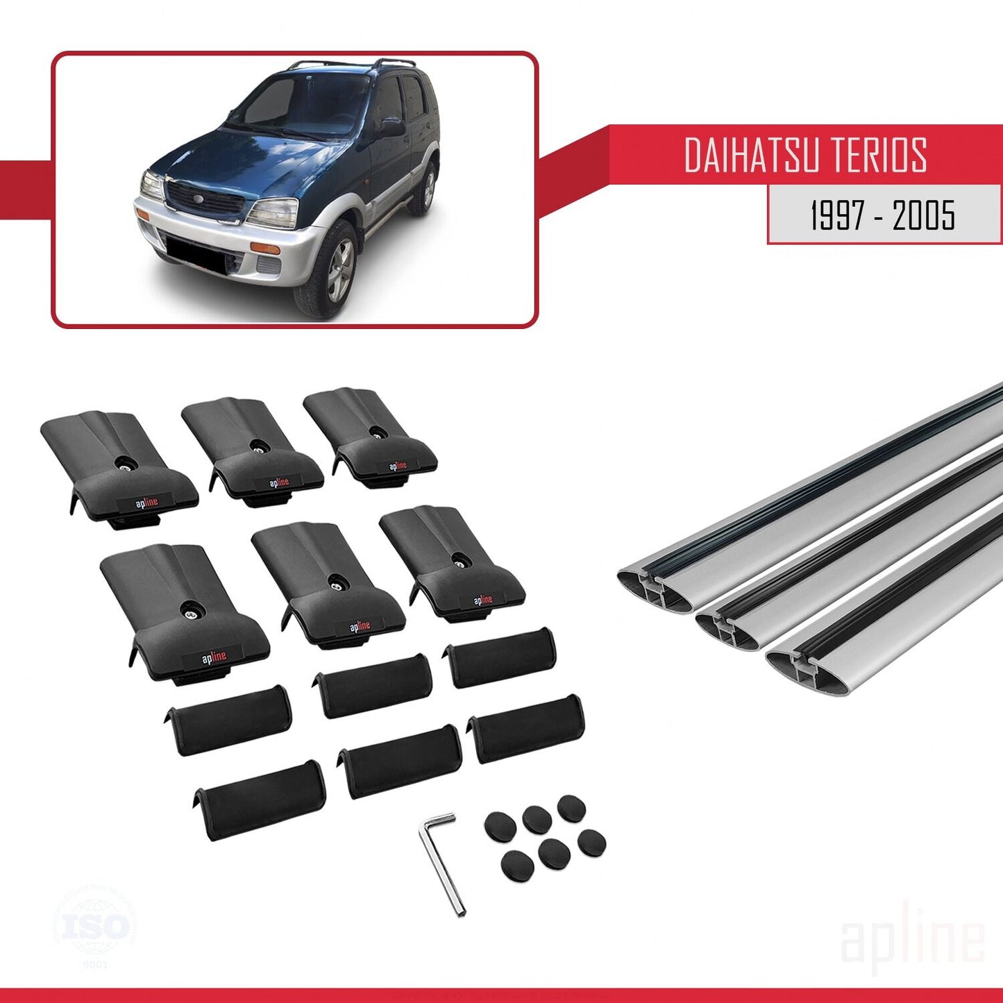 Compatible with Daihatsu Terios (J100) 1997-2005 FLY Model Car Roof Rack Cross Bar Grey Aluminium 3 Bars