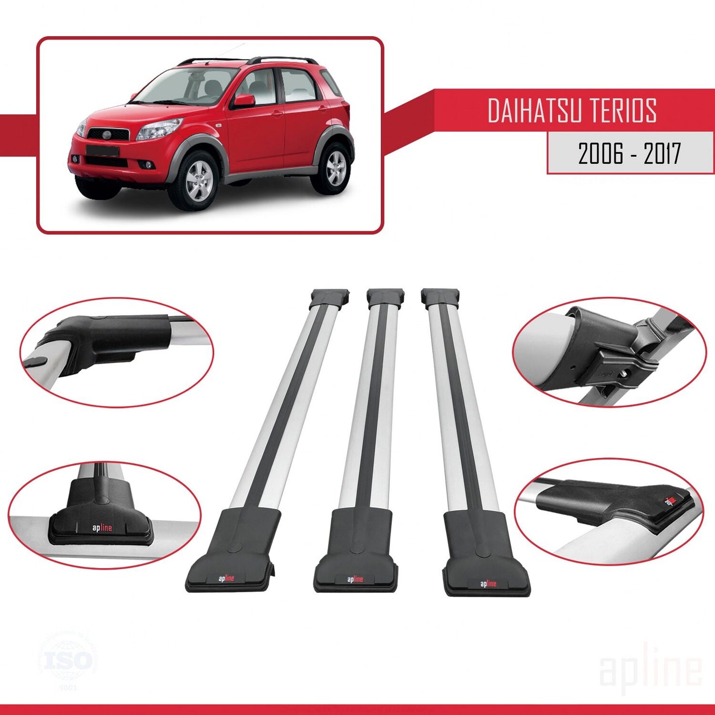 Compatible with Daihatsu Terios 2 (J200) 2006-2017 FLY Model Car Roof Rack Cross Bar Grey Aluminium 3 Bars