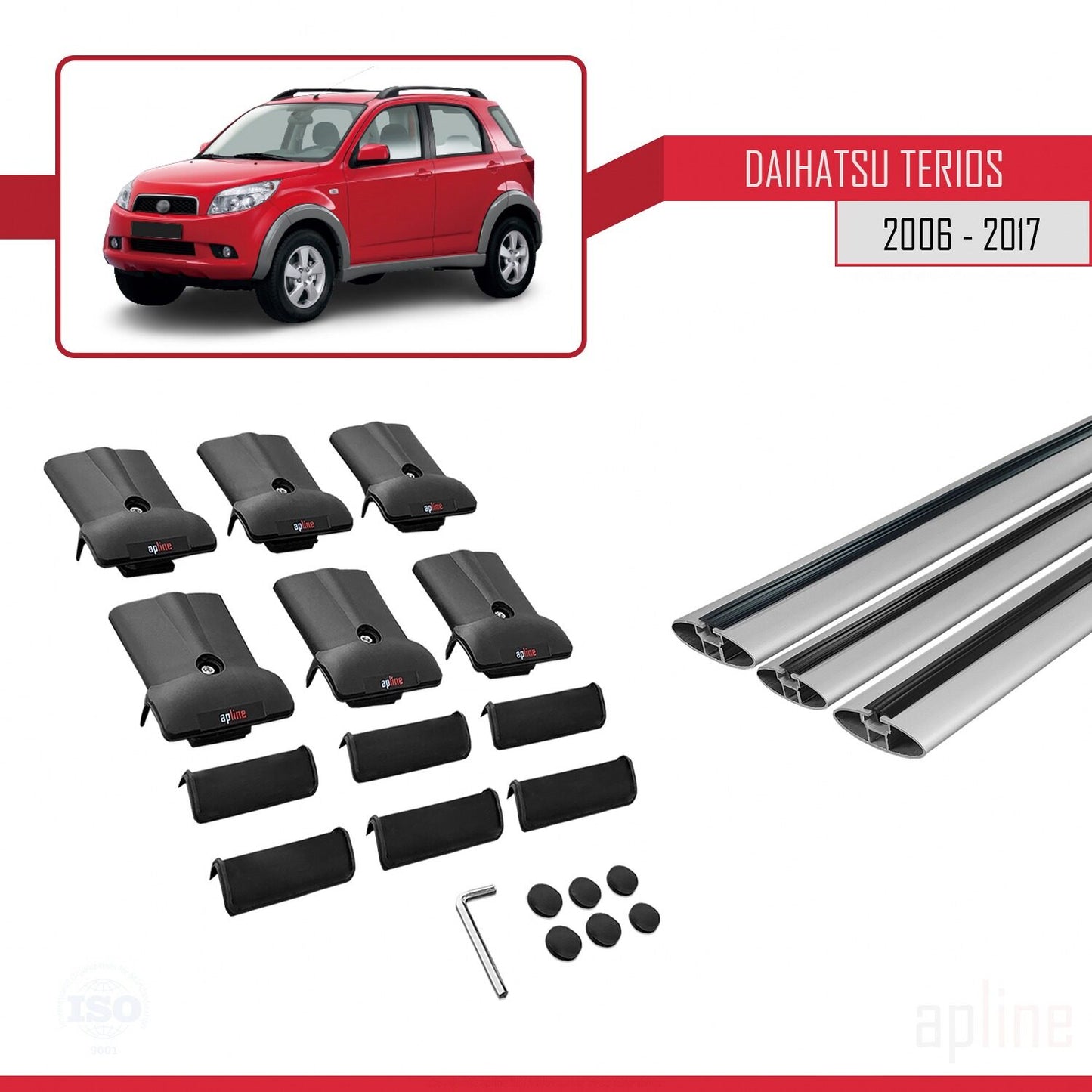 Compatible with Daihatsu Terios 2 (J200) 2006-2017 FLY Model Car Roof Rack Cross Bar Grey Aluminium 3 Bars