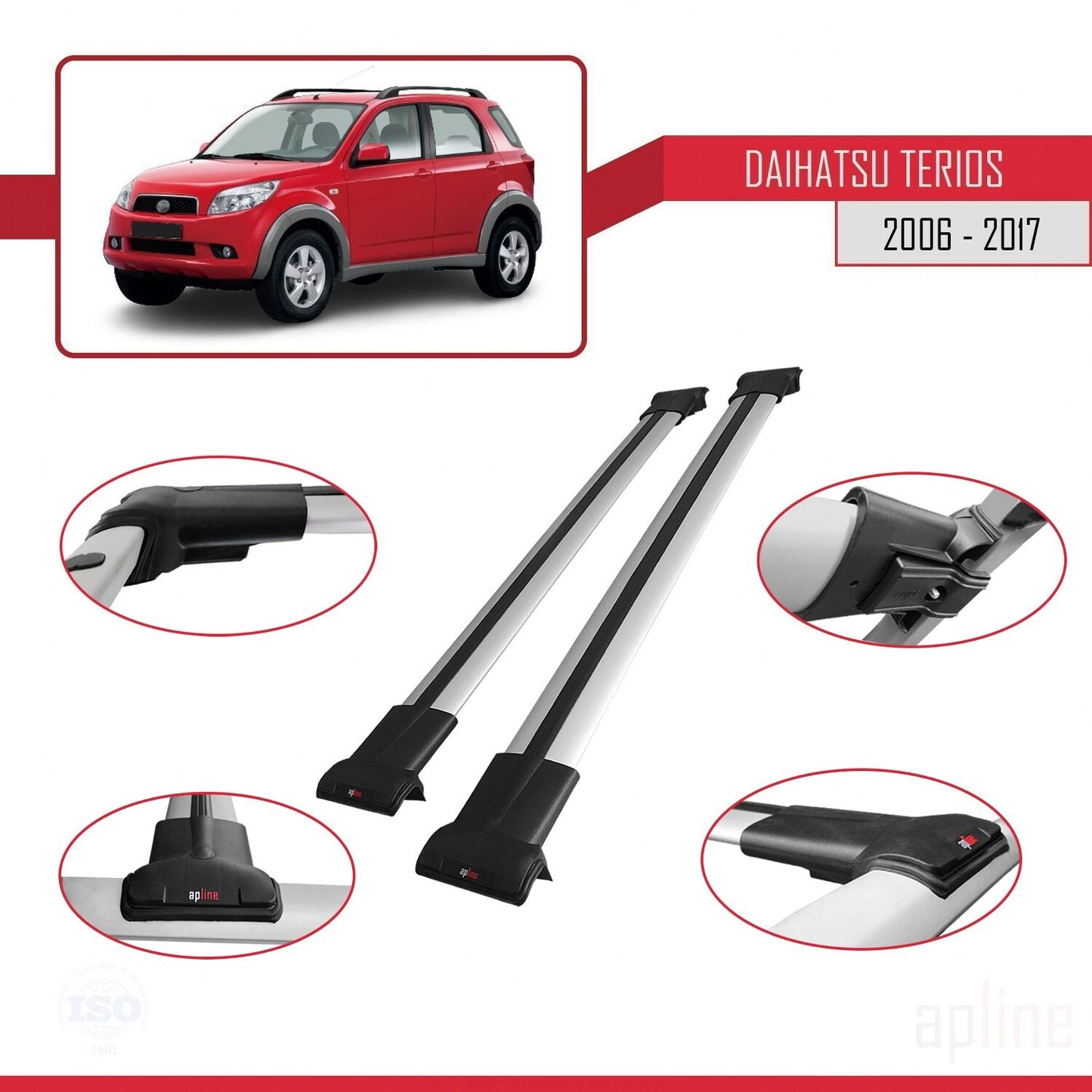 Compatible with Daihatsu Terios 2 (J200) 2006-2017 FLY Model Car Roof Rack Cross Bar Grey Aluminium 2 Bars