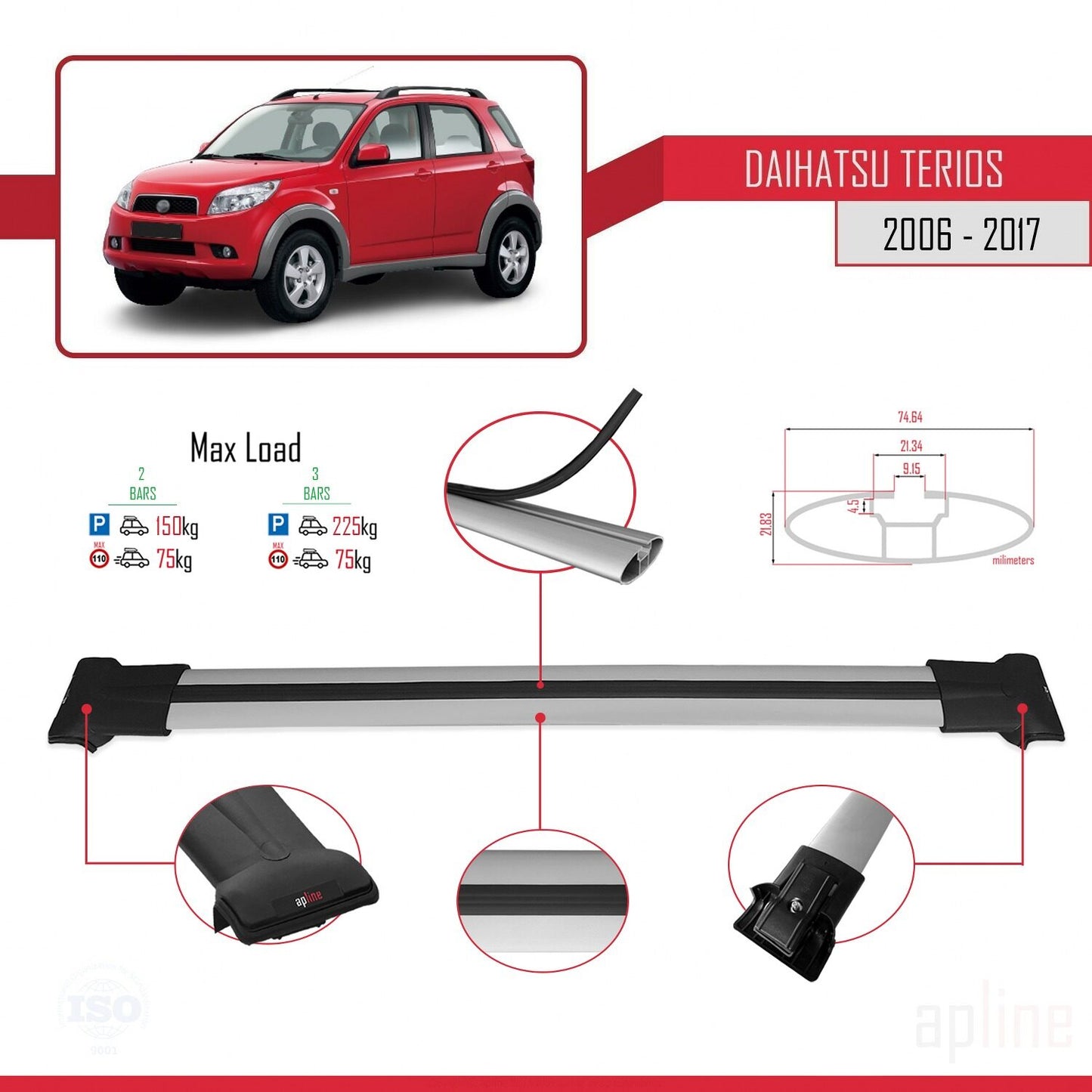 Compatible with Daihatsu Terios 2 (J200) 2006-2017 FLY Model Car Roof Rack Cross Bar Grey Aluminium 2 Bars