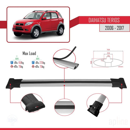 Compatible with Daihatsu Terios 2 (J200) 2006-2017 FLY Model Car Roof Rack Cross Bar Grey Aluminium 2 Bars