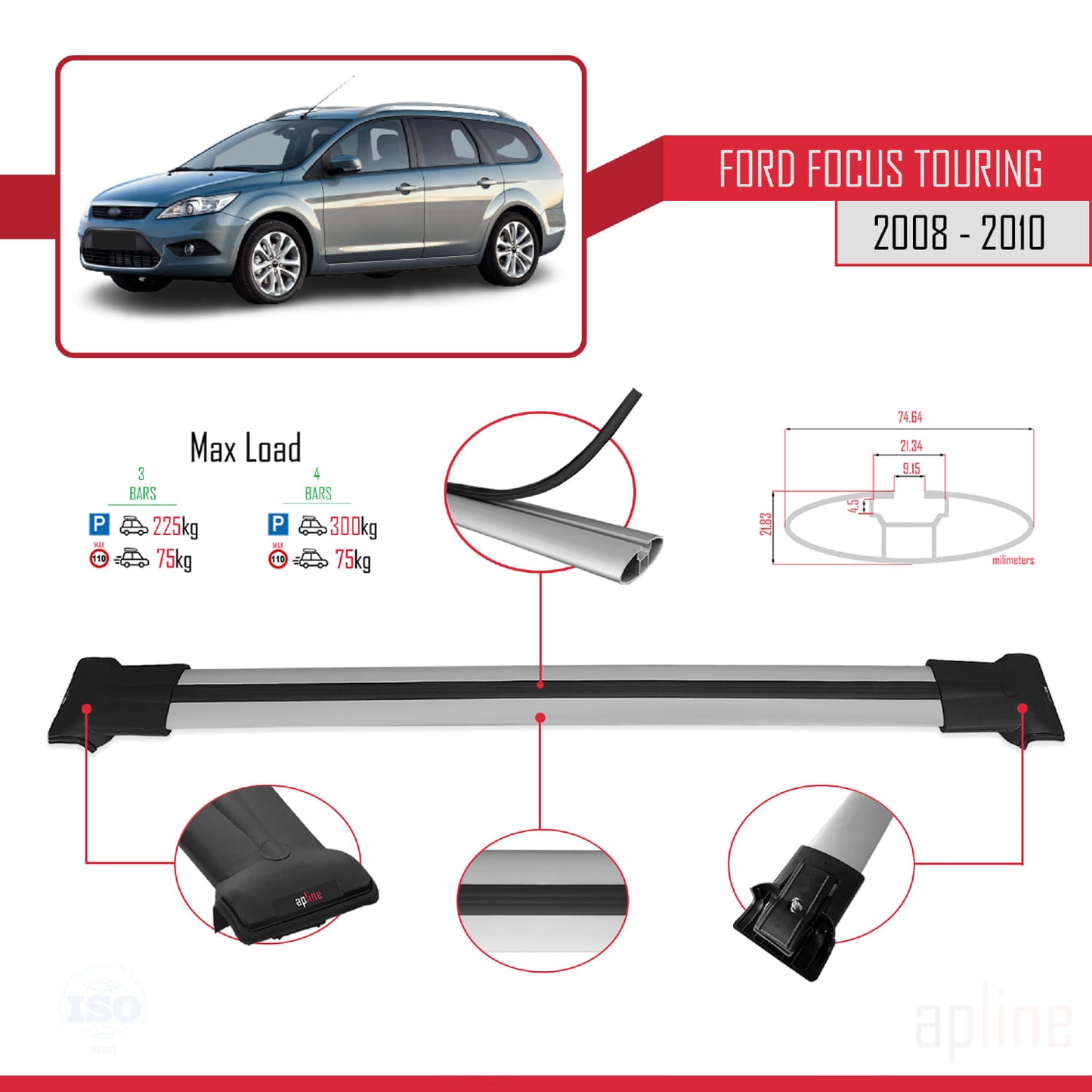 Compatible with Ford Focus 2 (C307) Turnier 2008-2010 FLY Model Car Roof Rack Cross Bar Grey Aluminium 3 Bars