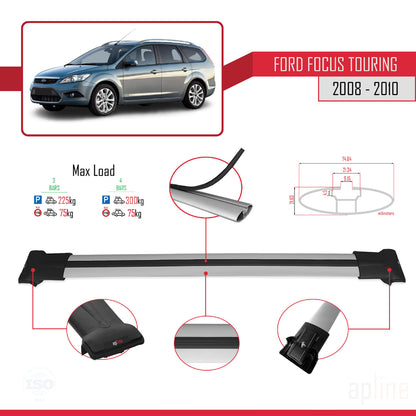 Compatible with Ford Focus 2 (C307) Turnier 2008-2010 FLY Model Car Roof Rack Cross Bar Grey Aluminium 3 Bars