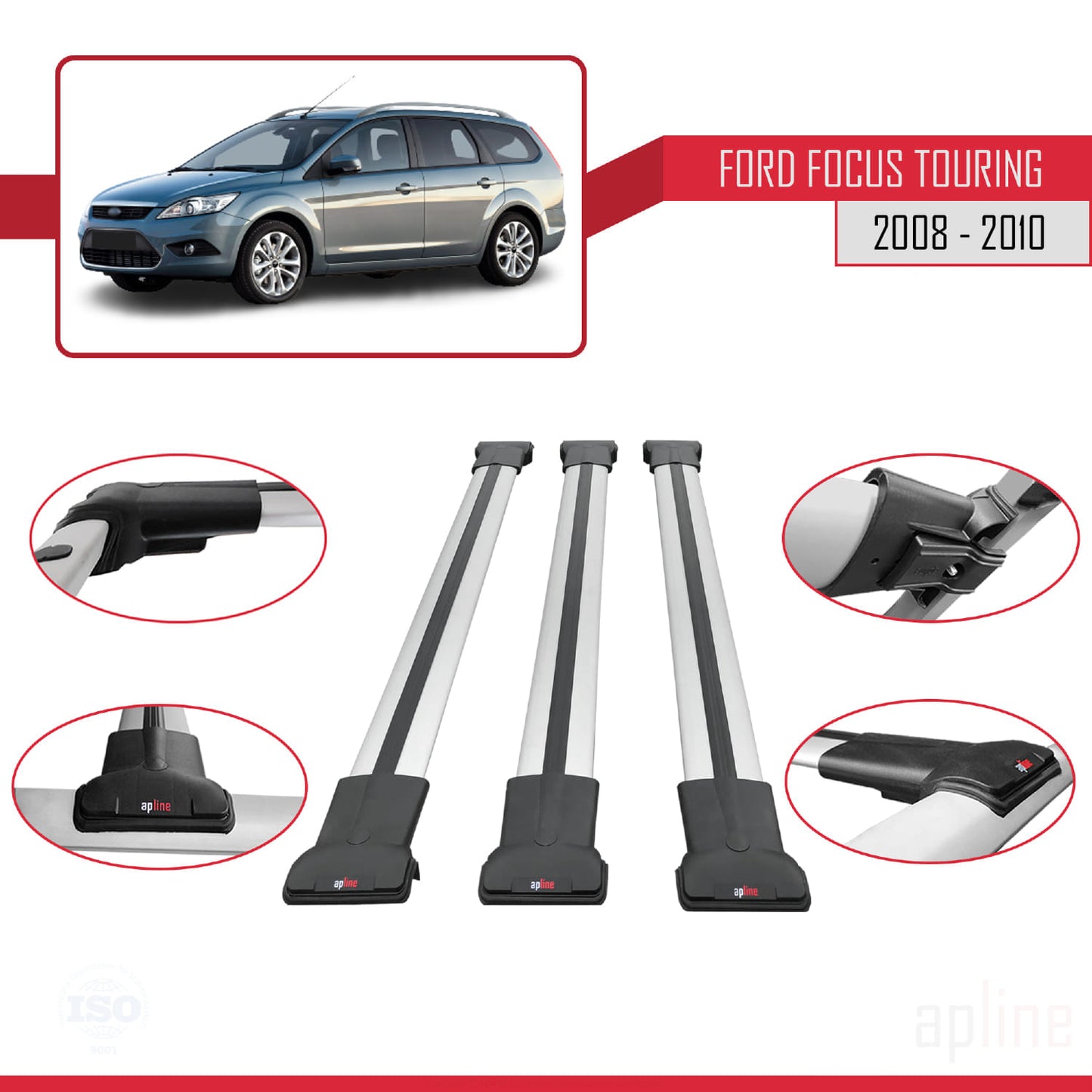 Compatible with Ford Focus 2 (C307) Turnier 2008-2010 FLY Model Car Roof Rack Cross Bar Grey Aluminium 3 Bars