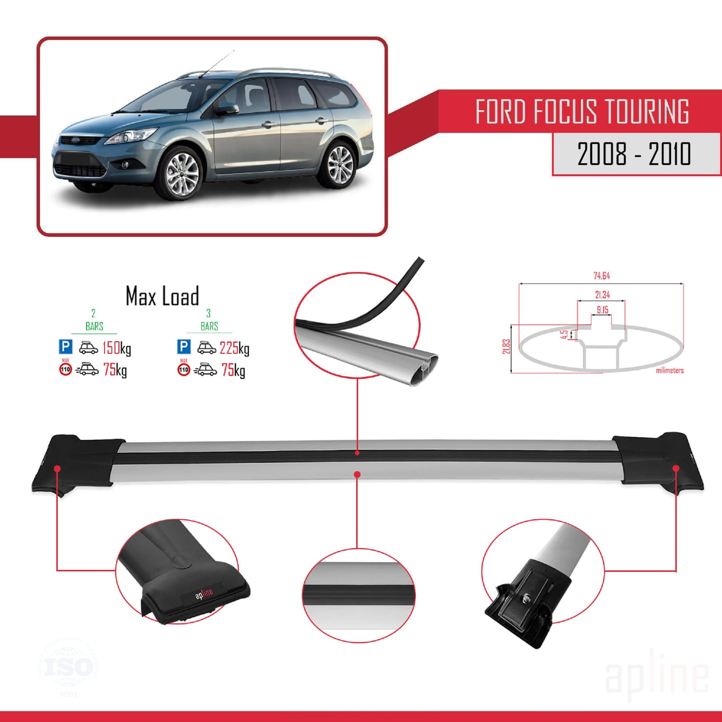 Compatible with Ford Focus 2 (C307) Turnier 2008-2010 FLY Model Car Roof Rack Cross Bar Grey Aluminium 2 Bars