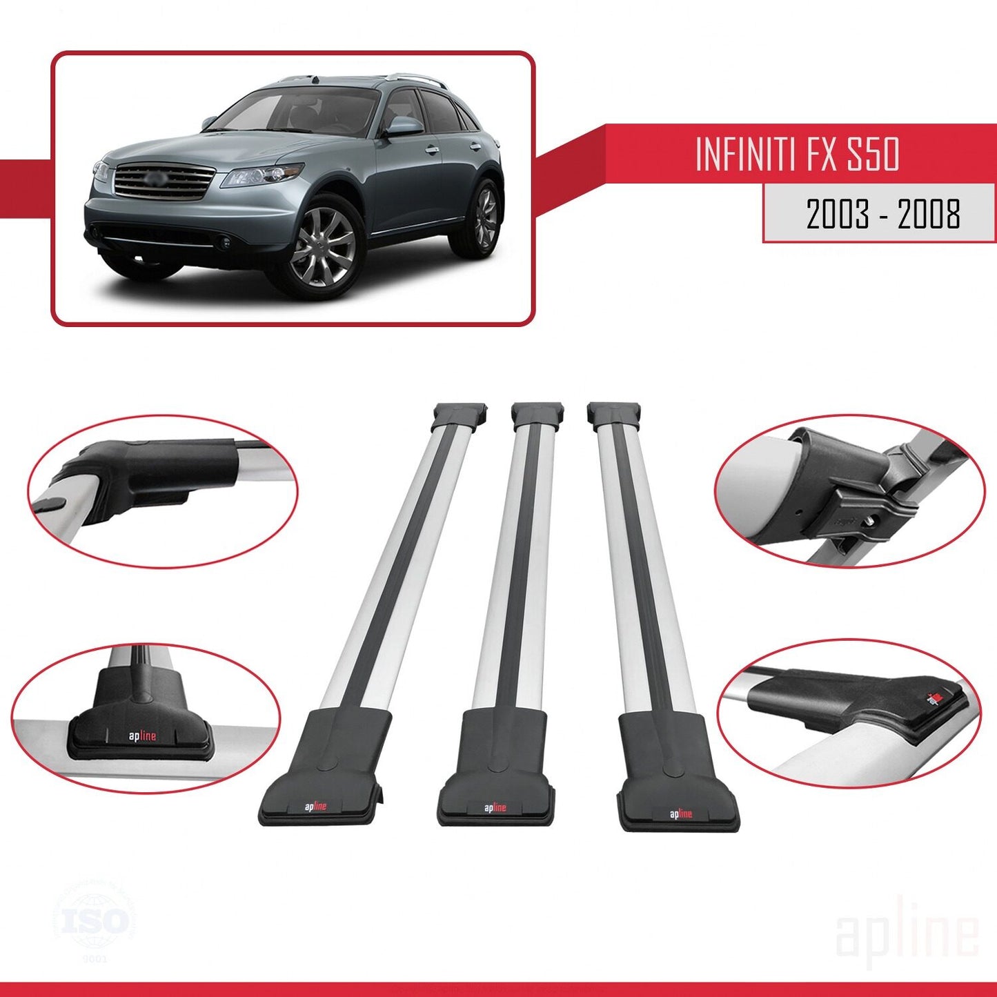 Compatible with Infiniti FX (S50) 2003-2008 FLY Model Car Roof Rack Cross Bar Grey Aluminium 3 Bars