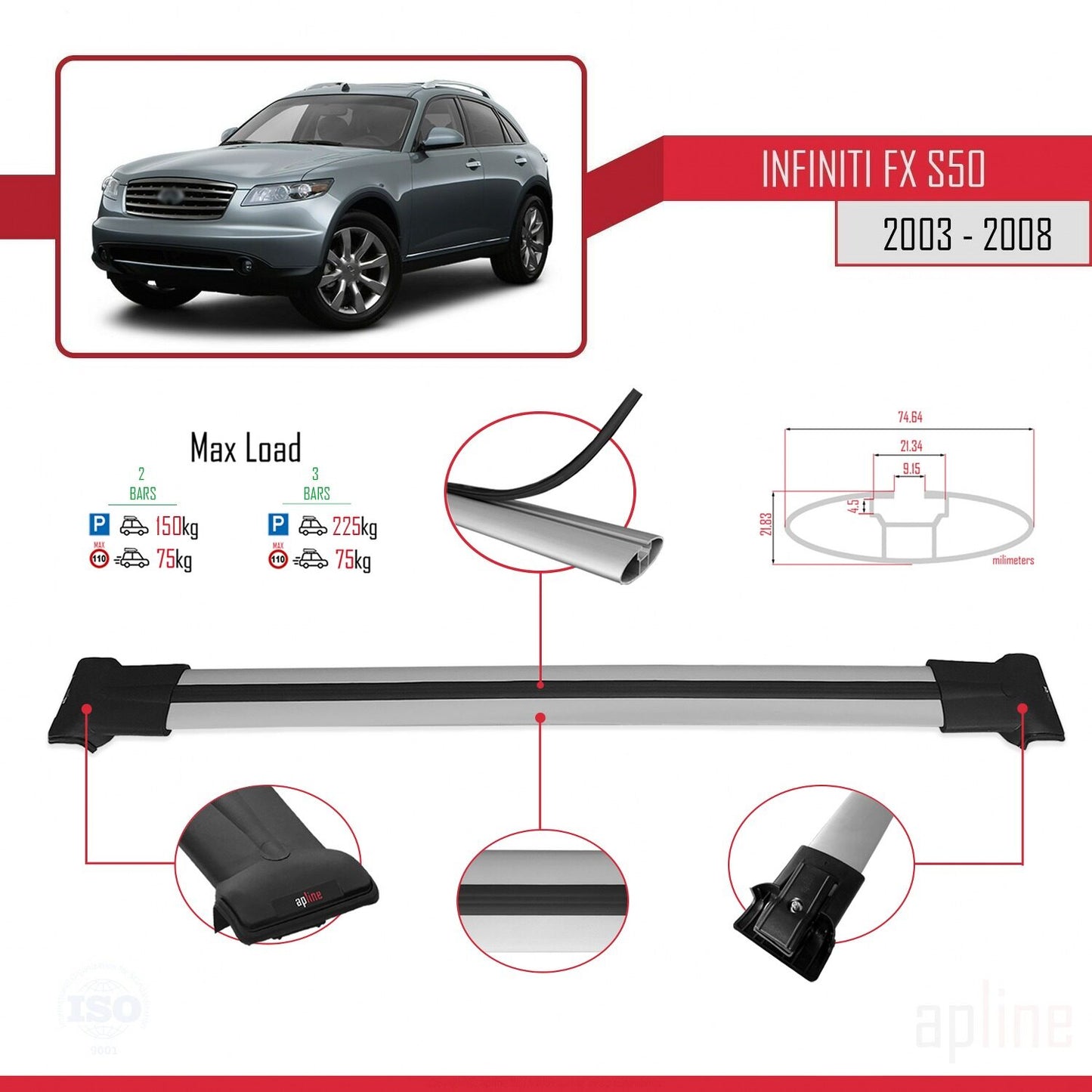 Compatible with Infiniti FX (S50) 2003-2008 FLY Model Car Roof Rack Cross Bar Grey Aluminium 2 Bars