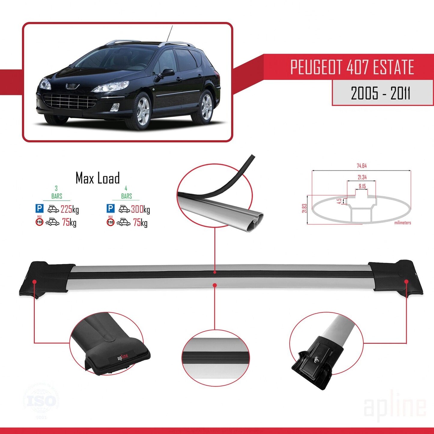 Compatible with Peugeot 407 SW 2005-2011 FLY Model Car Roof Rack Cross Bar Grey Aluminium 3 Bars